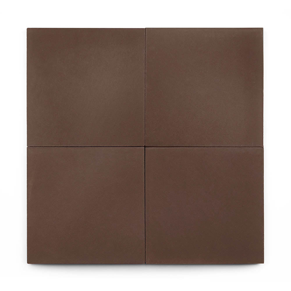 Four dark brown Coffee 8x8 chocolate squares with a smooth, matte finish are arranged in a 2x2 grid on a white background. Each square has clean edges and slight indentations where they meet, resembling kitchen backsplash tiles.