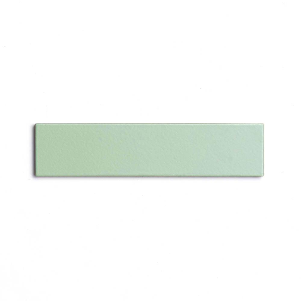 A single Eucalyptus 2x8 matte ceramic tile by Zia Tile in light green is centered on a plain white background.