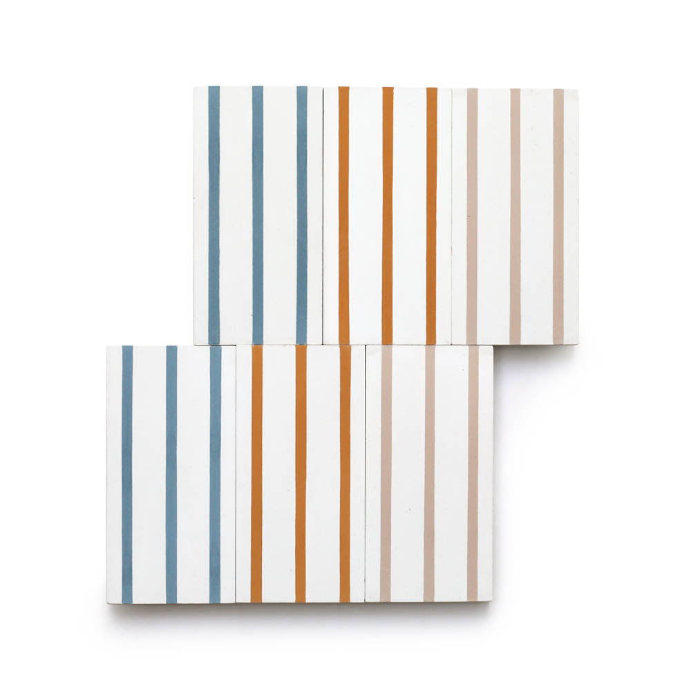 Five rectangular High Line Hyannis 4x8 tiles with vertical blue, orange, and beige stripes are arranged in a staggered pattern on a white background, creating a clean, minimalistic look ideal for kitchen backsplashes.