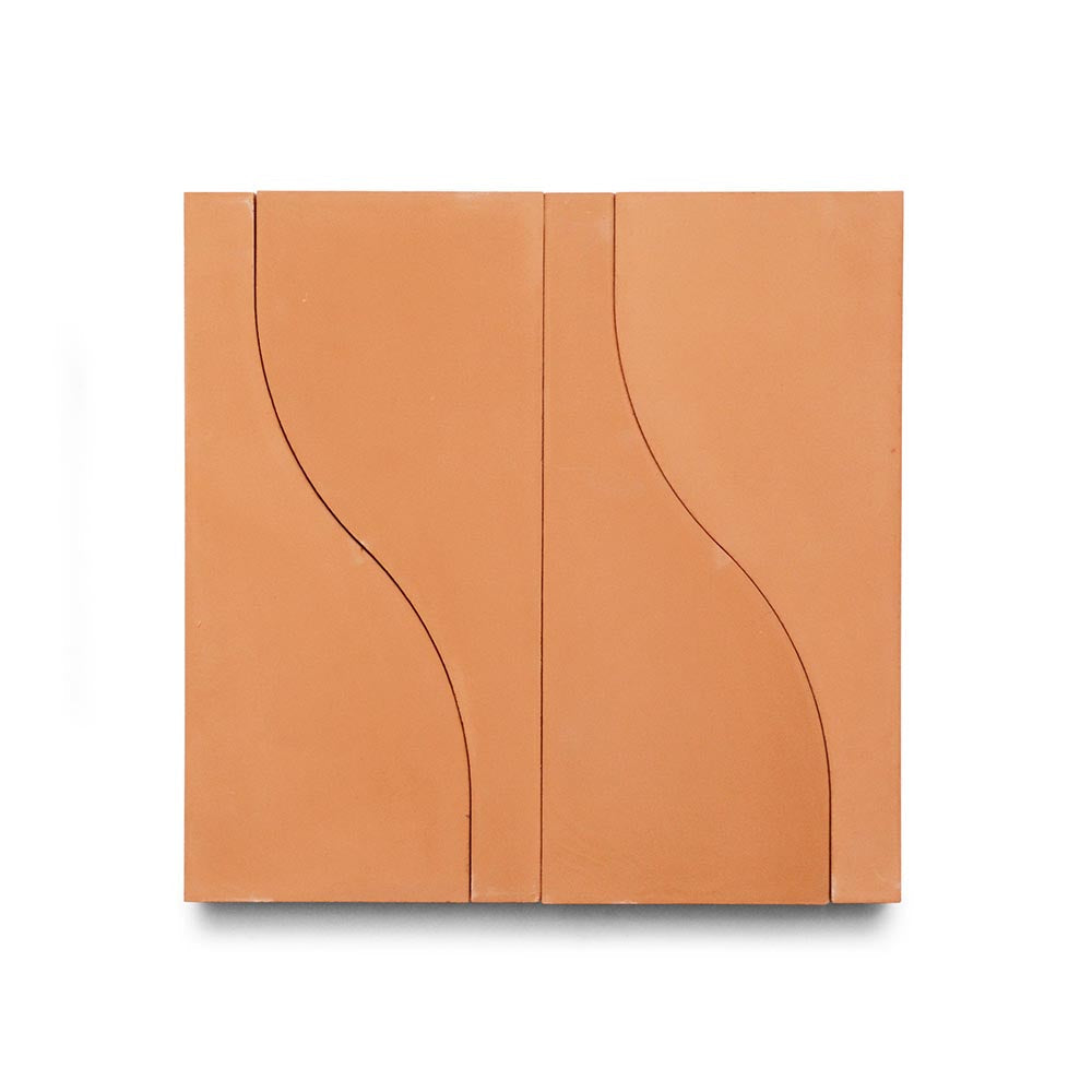Two Nouveau Terra Cotta tiles are placed side by side, their curved grooves forming an abstract wave pattern—ideal for a kitchen backsplash or bathroom floor against a white background.