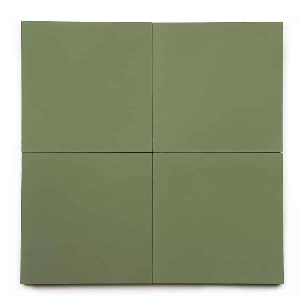Four Olivine 8x8 cement tiles are arranged in a two-by-two grid on a white background. The olive green tiles are evenly spaced with visible gaps separating each tile.