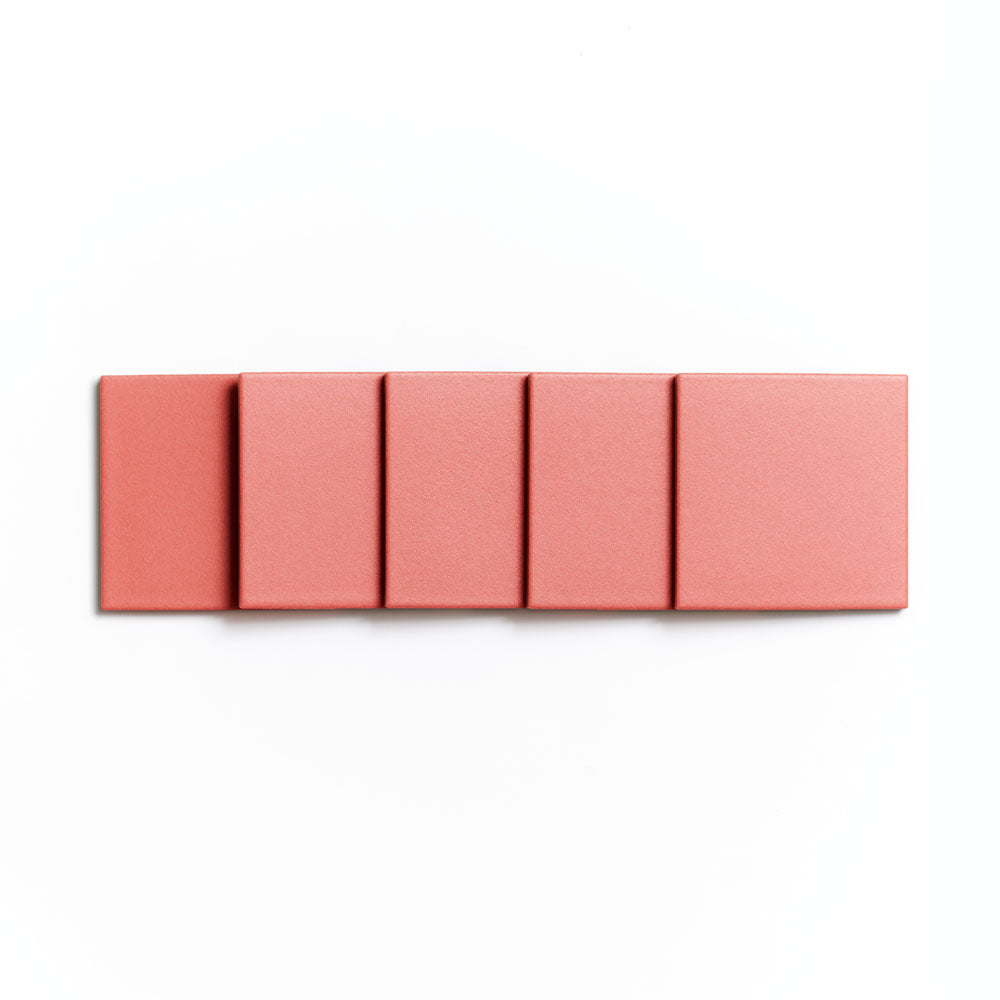 Five Pink Dahlia 4x4 ceramic tiles by Zia Tile, each with a smooth, matte finish, are arranged in an evenly spaced horizontal row on a white background for a modern look.