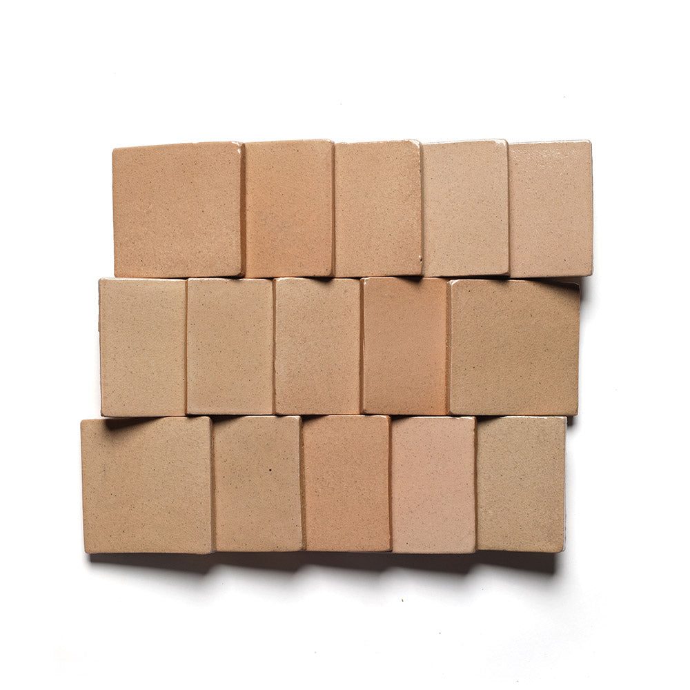 Fourteen Posada 4x4 ceramic tiles from Zia Tile, in beige and tan inspired by San Miguel de Allende Cotto, are arranged in a rectangular grid on a white background.