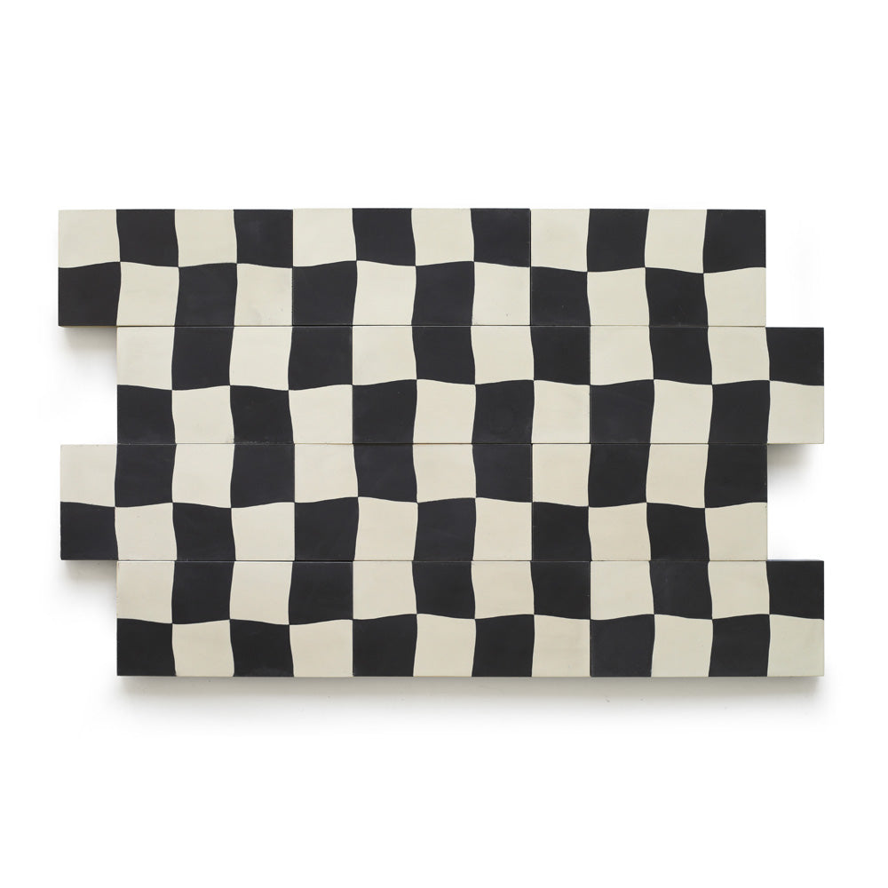 A rectangular artwork with a wavy black and white checkerboard pattern, reminiscent of the Reality Check Black 4x8 tile. The staggered edges add a dynamic cement tile effect, perfect for creating a bold kitchen backsplash.
