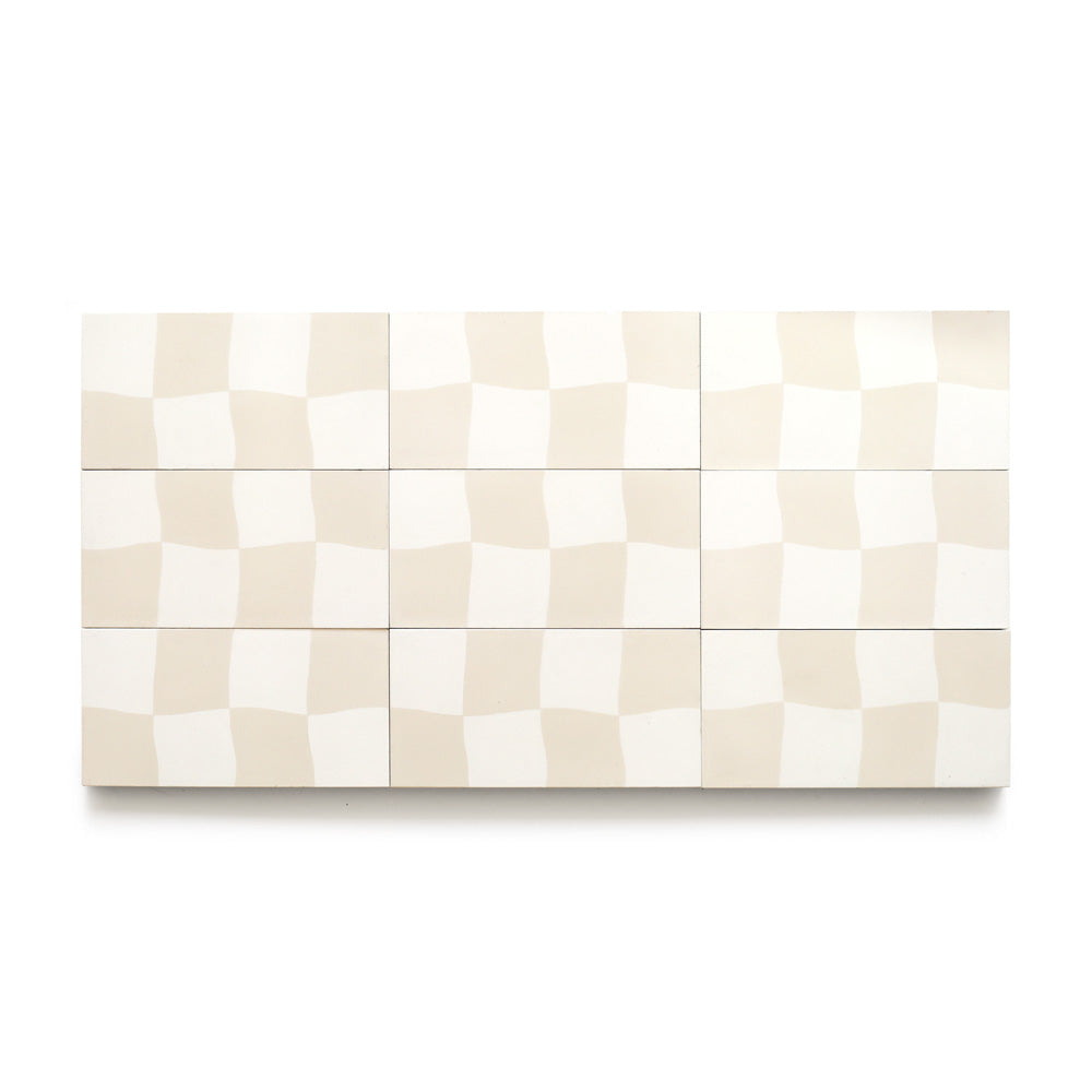 Rectangular layout of cream and off-white patterned tile in three rows and four columns against a white background. The Reality Check Bone 4x8 Cement Tile’s wavy checkered design adds modern depth and charm to any space.