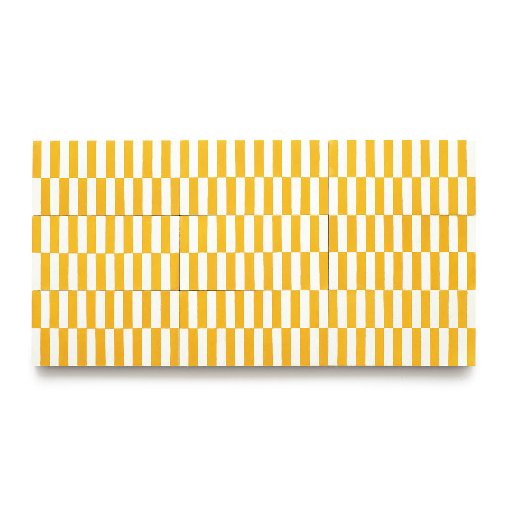 The Rialto Cadmium 4x8 features a rectangular grid of alternating vertical yellow and white stripes, creating a geometric, optical illusion effect on a plain white background.