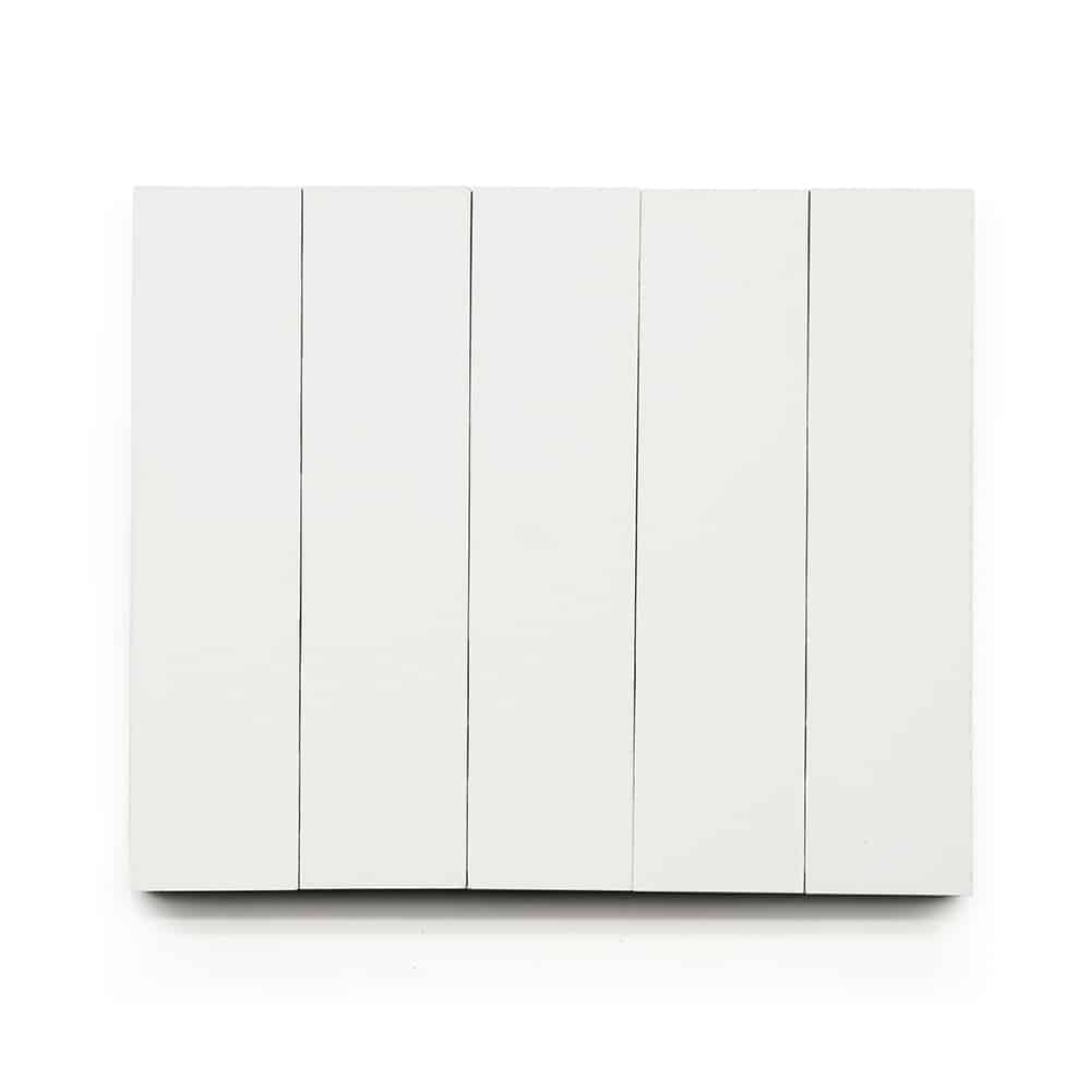 A square arrangement of five vertical White 2x8 panels, placed side by side against a plain white background, reminiscent of subway tile.
