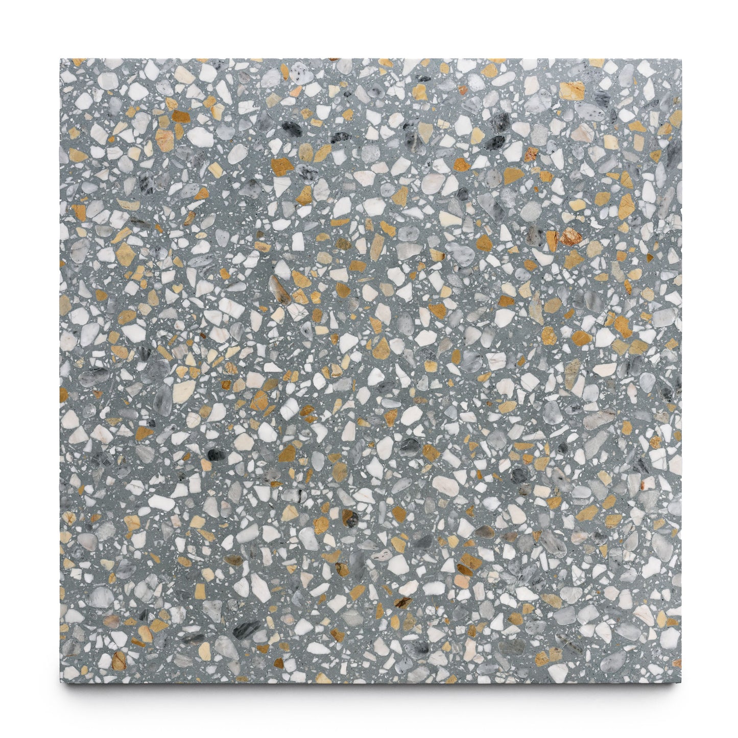 The Andromeda 24x24 by Zia Tile is a square handmade terrazzo tile with a gray base and scattered white, yellow, and black chips, offering a speckled, textured look ideal for adding Zia Tile’s signature charm to any space.