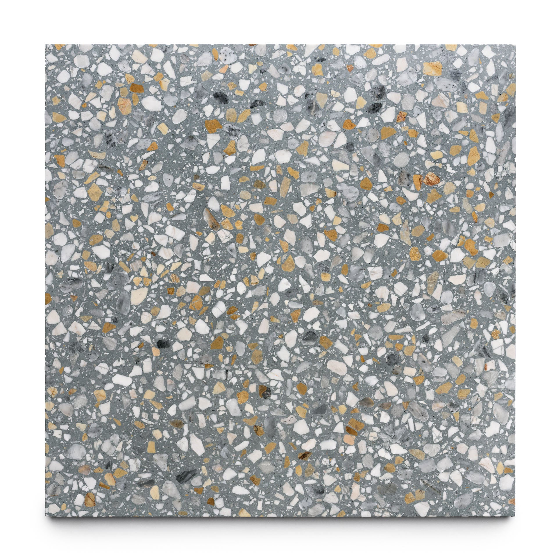 The Andromeda 24x24 by Zia Tile is a square handmade terrazzo tile with a gray base and scattered white, yellow, and black chips, offering a speckled, textured look ideal for adding Zia Tile’s signature charm to any space.