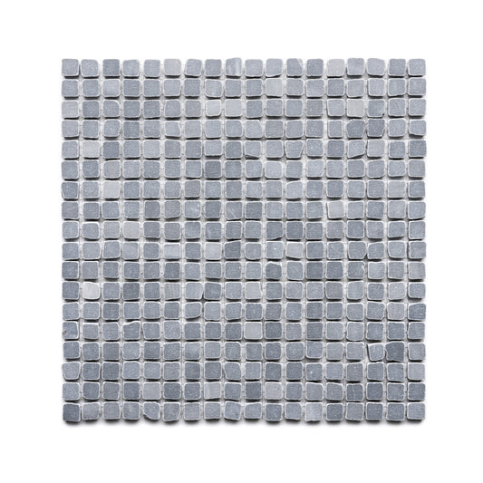 A square sheet of Zia Tile's Bardiglio Imperiale 5/8 features small gray and light blue mosaic tiles in a grid pattern on a white background.