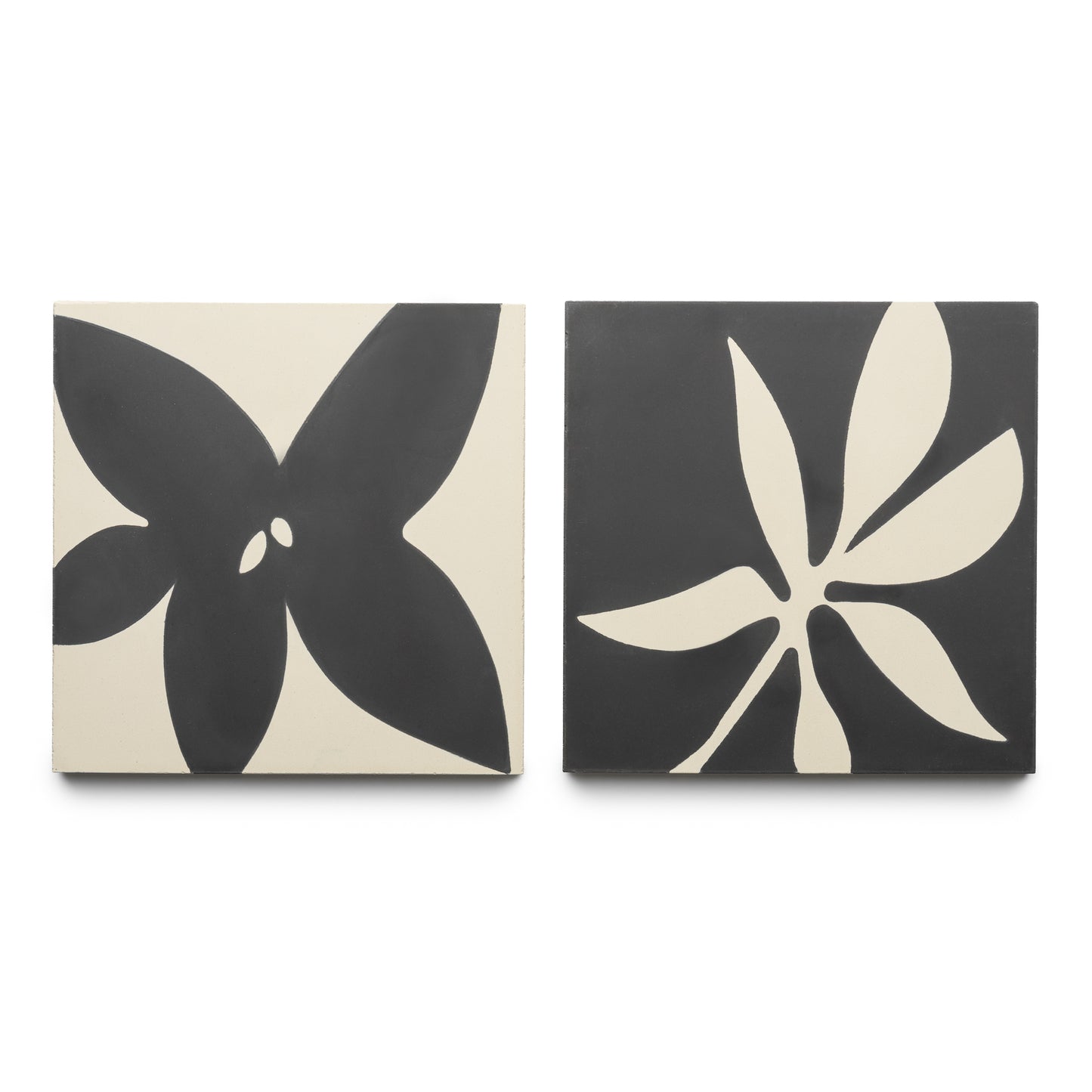 The Flora 8x8 Set Black + Bone by Zia Tile features two square tiles: one with a bold four-petal flower and the other with an abstract, multi-tipped leaf, both in striking black and white designs.