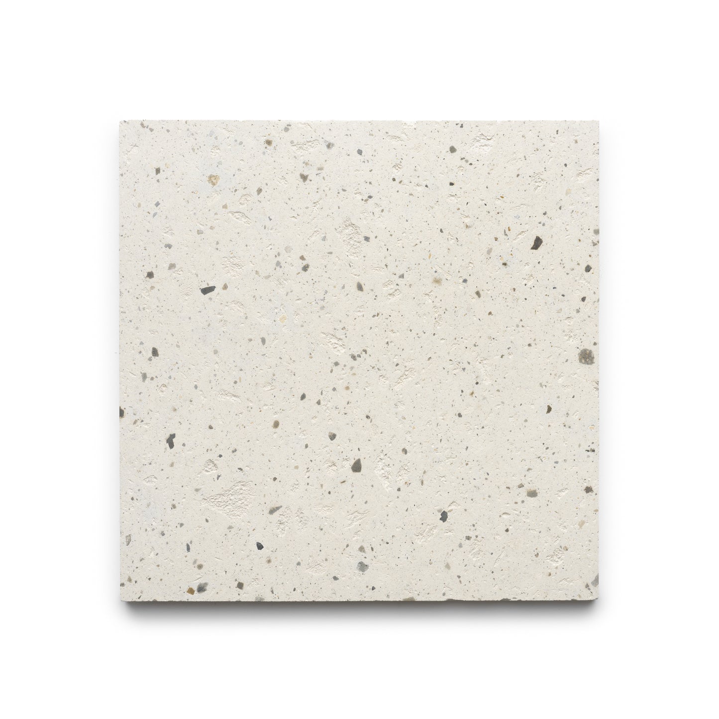 The Caldera 12x12 by Zia Tile is a square tile with a light beige, speckled surface featuring small, irregular gray and tan spots, shown on a white background.