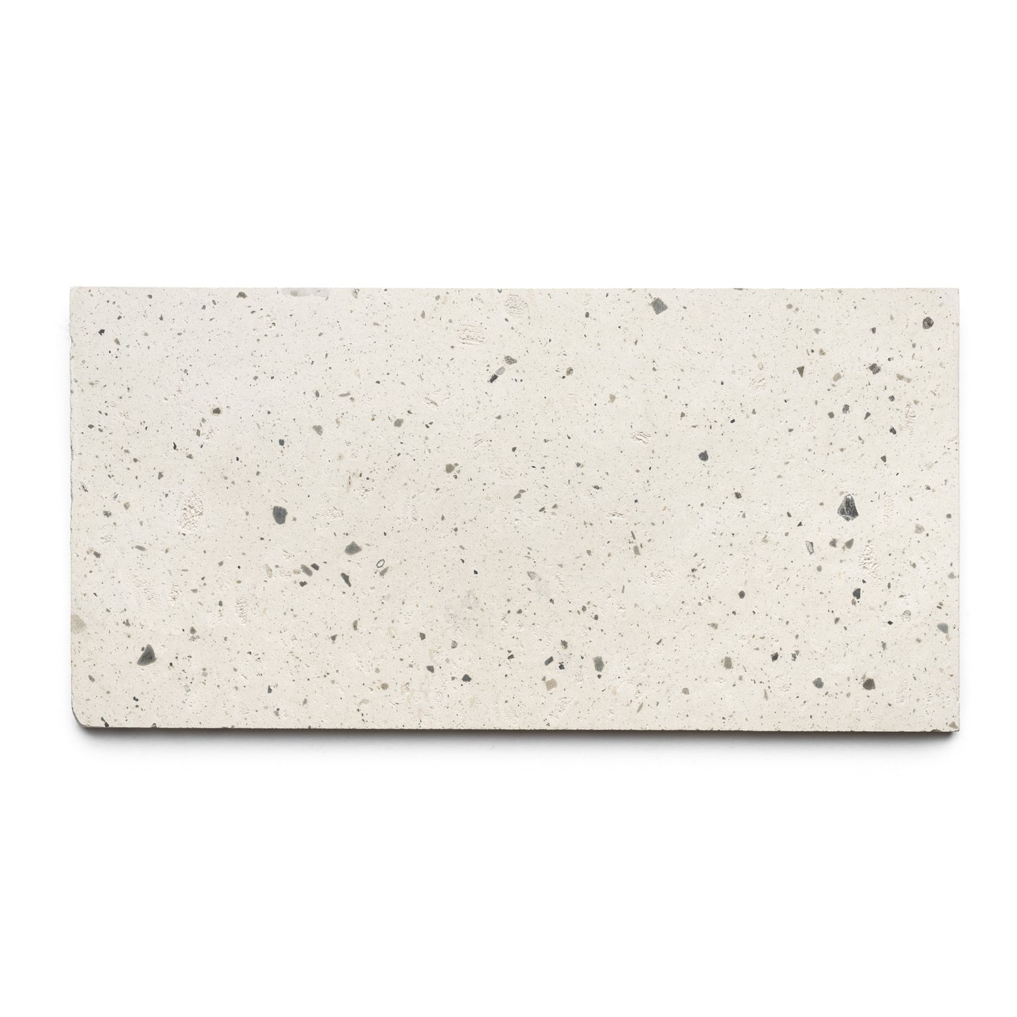 The Caldera 12x24 by Zia Tile is a handmade rectangular off-white terrazzo tile with small to medium gray and black speckles, shown on a plain white background.