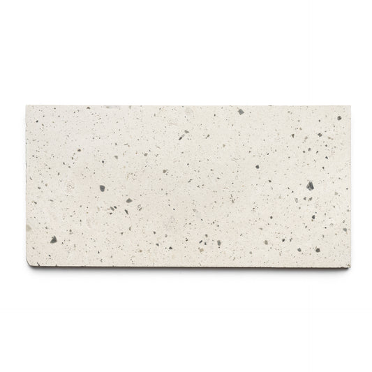 The Caldera 12x24 by Zia Tile is a handmade rectangular off-white terrazzo tile with small to medium gray and black speckles, shown on a plain white background.