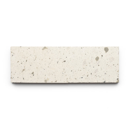 The Zia Tile Caldera 4x12 is a rectangular, off-white tile featuring small gray speckles and a rough, textured surface, shown against a white background.