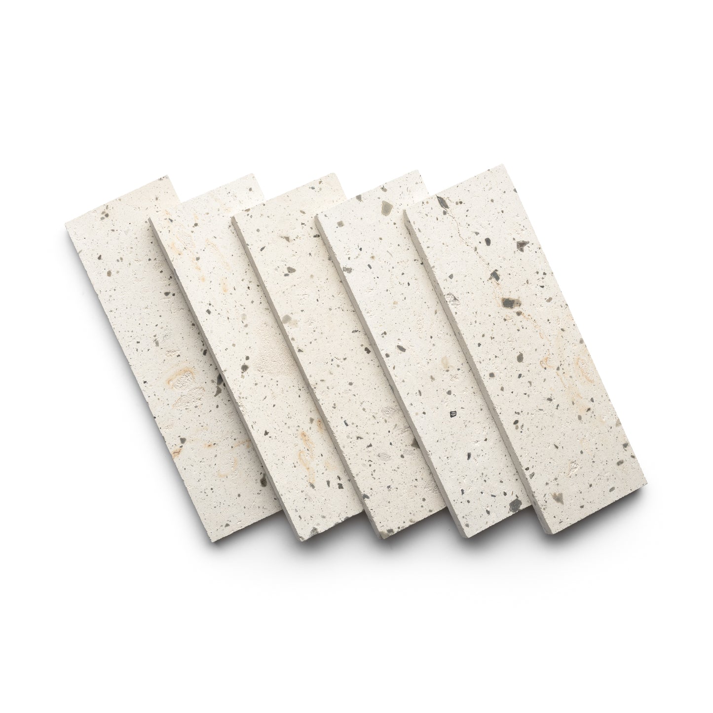 Five Caldera 4x12 terrazzo tiles by Zia Tile, rectangular and speckled in off-white with dark and light flecks, are arranged fanned out on a white background. The polished surface enhances their distinctive pattern.