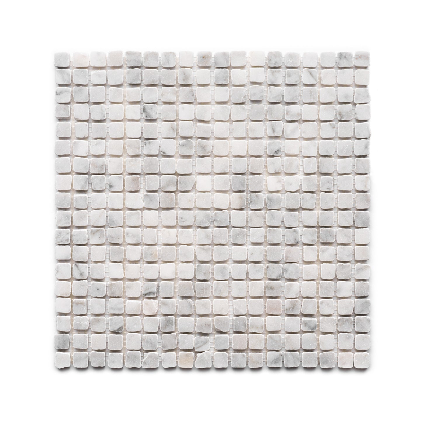 Zia Tile's Carrara 5/8 features a square grid of small, slightly rounded marble mosaic tiles in white and light gray tones on a white background.