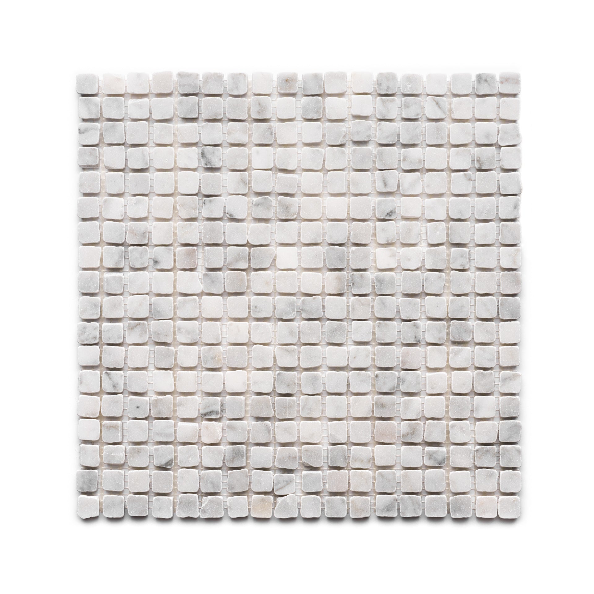 Zia Tile's Carrara 5/8 features a square grid of small, slightly rounded marble mosaic tiles in white and light gray tones on a white background.