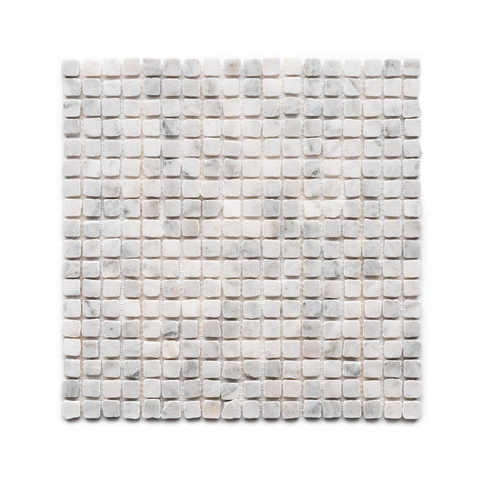 Zia Tile's Carrara 5/8 features a square grid of small, slightly rounded marble mosaic tiles in white and light gray tones on a white background.