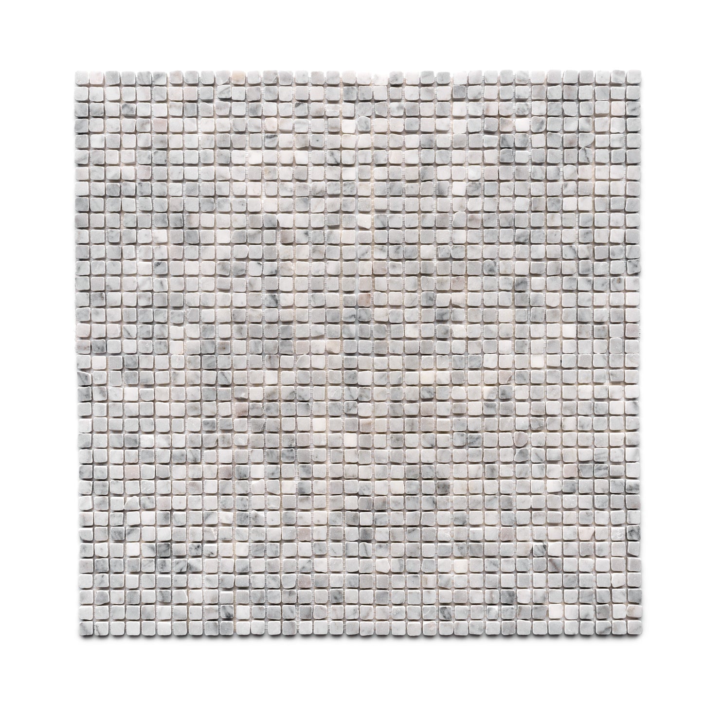 The Zia Tile Carrara 5/8 is a square mosaic tile featuring small, evenly spaced light gray and white tiles in a grid pattern on a white background.