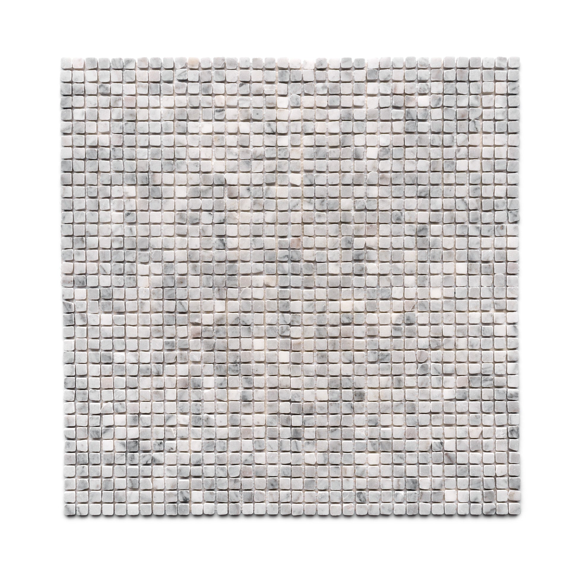 The Zia Tile Carrara 5/8 is a square mosaic tile featuring small, evenly spaced light gray and white tiles in a grid pattern on a white background.