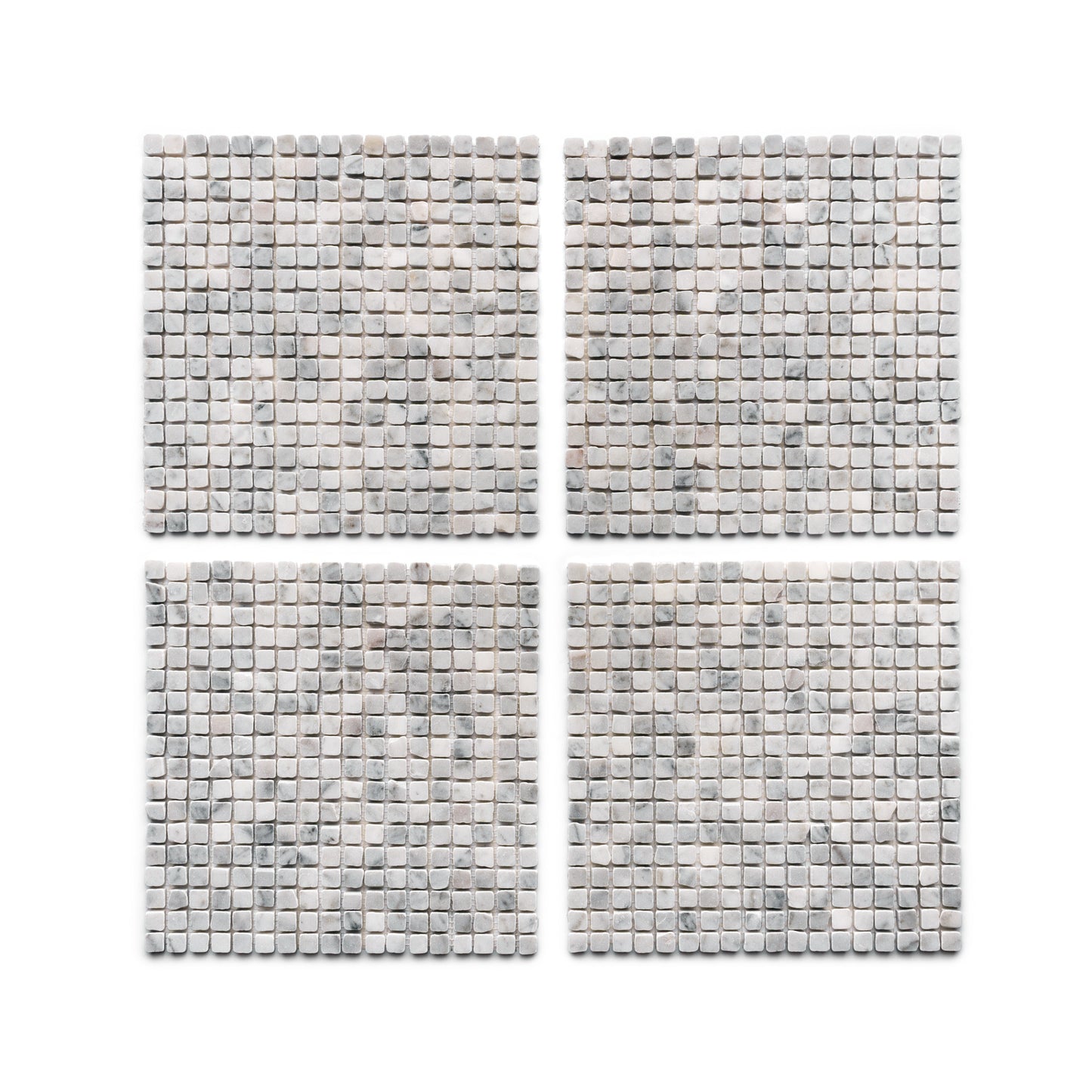 Four "Carrara 5/8" square tiles by Zia Tile, each with a grid of small, light gray mosaic pieces and subtle marble-like patterns, arranged in a 2x2 layout on a white background.