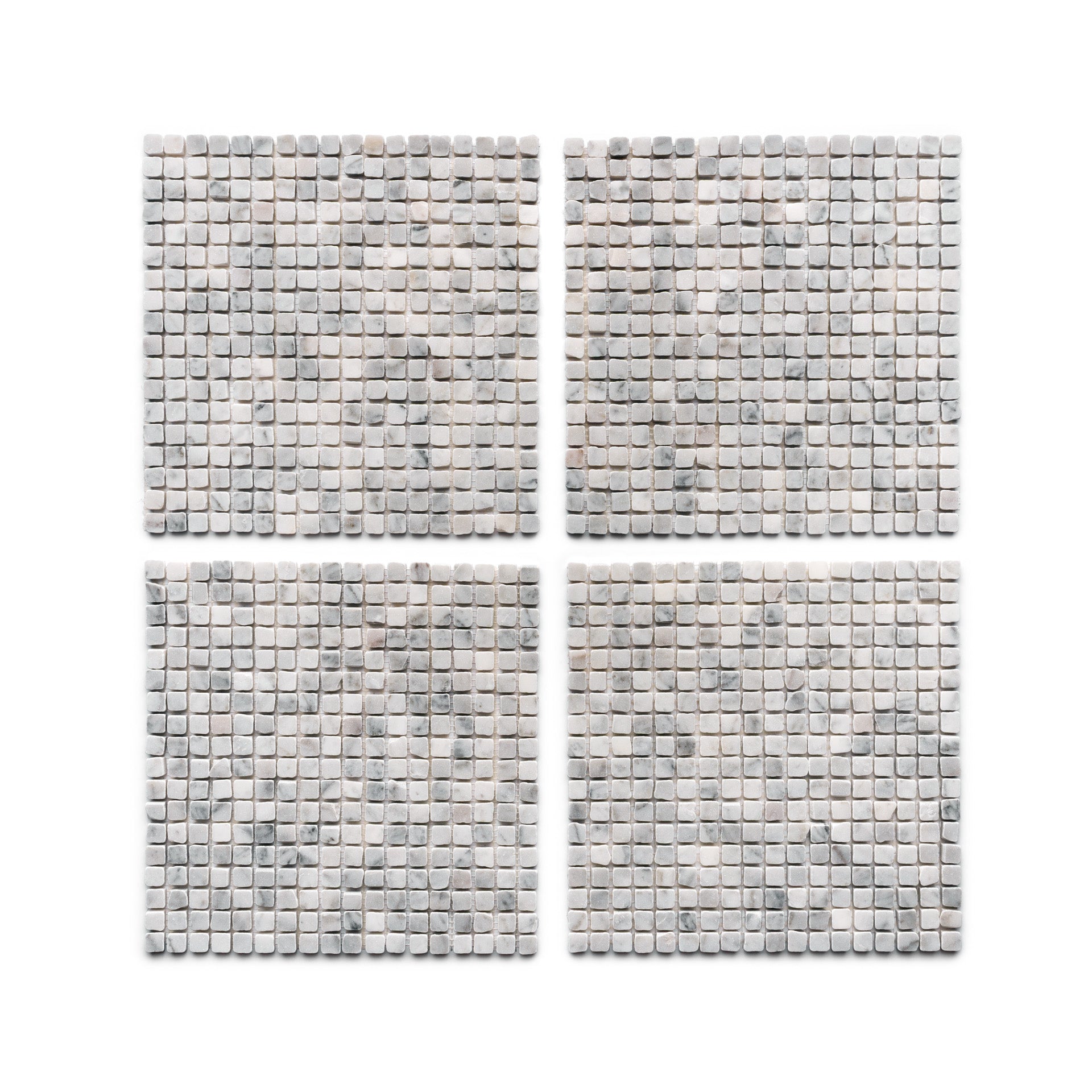 Four "Carrara 5/8" square tiles by Zia Tile, each with a grid of small, light gray mosaic pieces and subtle marble-like patterns, arranged in a 2x2 layout on a white background.