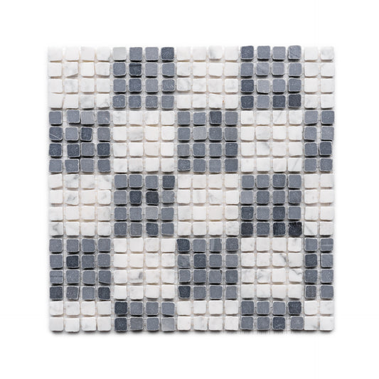 The Zia Tile Check in Carrara + Bardiglio Imperiale mosaic sheet features a pixelated, checkered pattern of small white and dark gray square tiles on a white background.