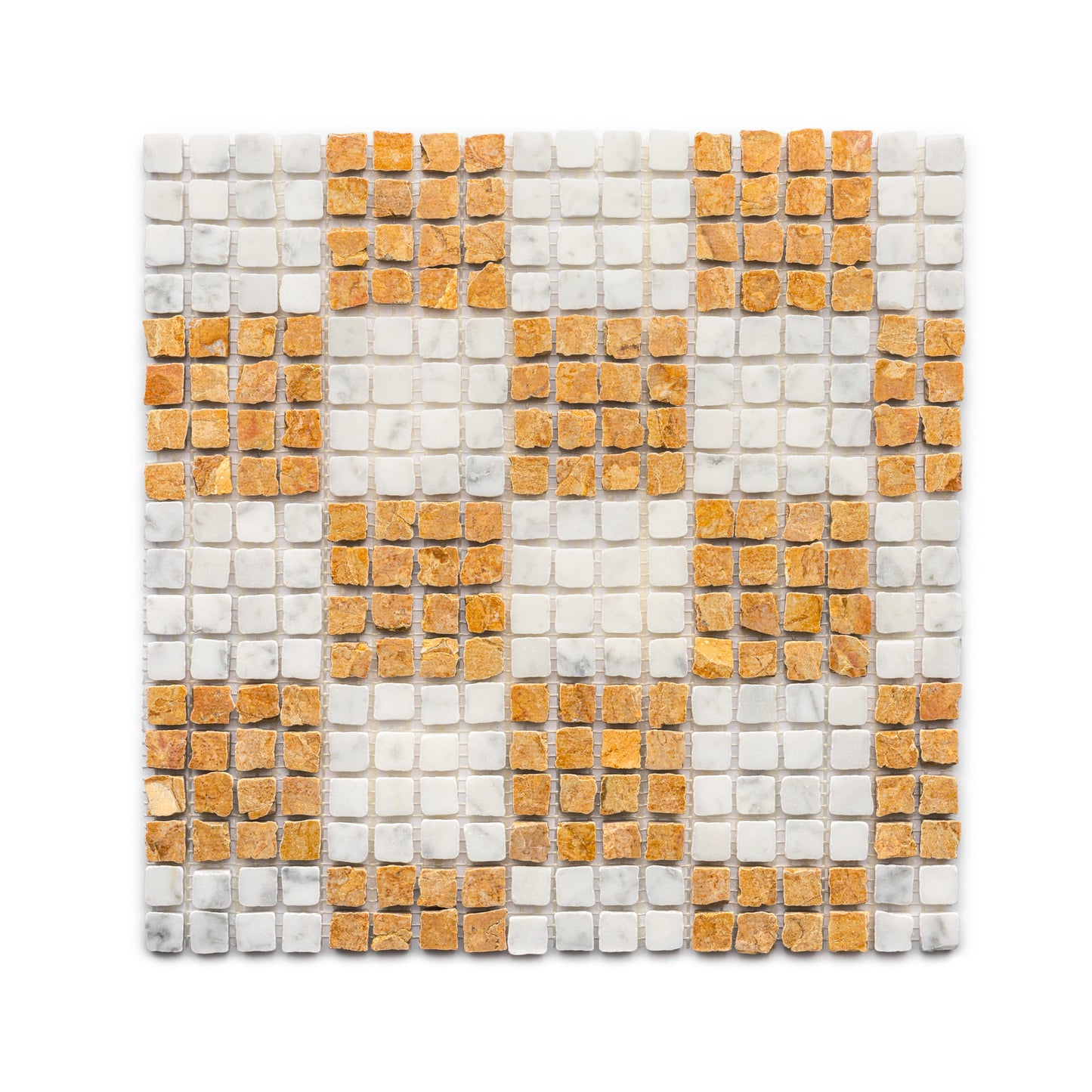 The Zia Tile "Check in Carrara + Giallo Reale" sheet features a checkerboard mosaic of small white and yellowish-orange stone tiles, each arranged in alternating squares.