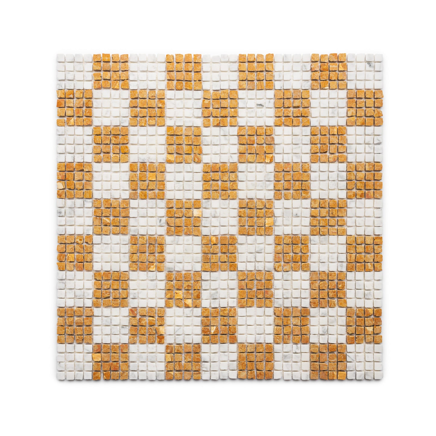 The Check in Carrara + Giallo Reale mosaic by Zia Tile features small square tiles in a checkerboard pattern with alternating white and golden-brown hues on a white background.