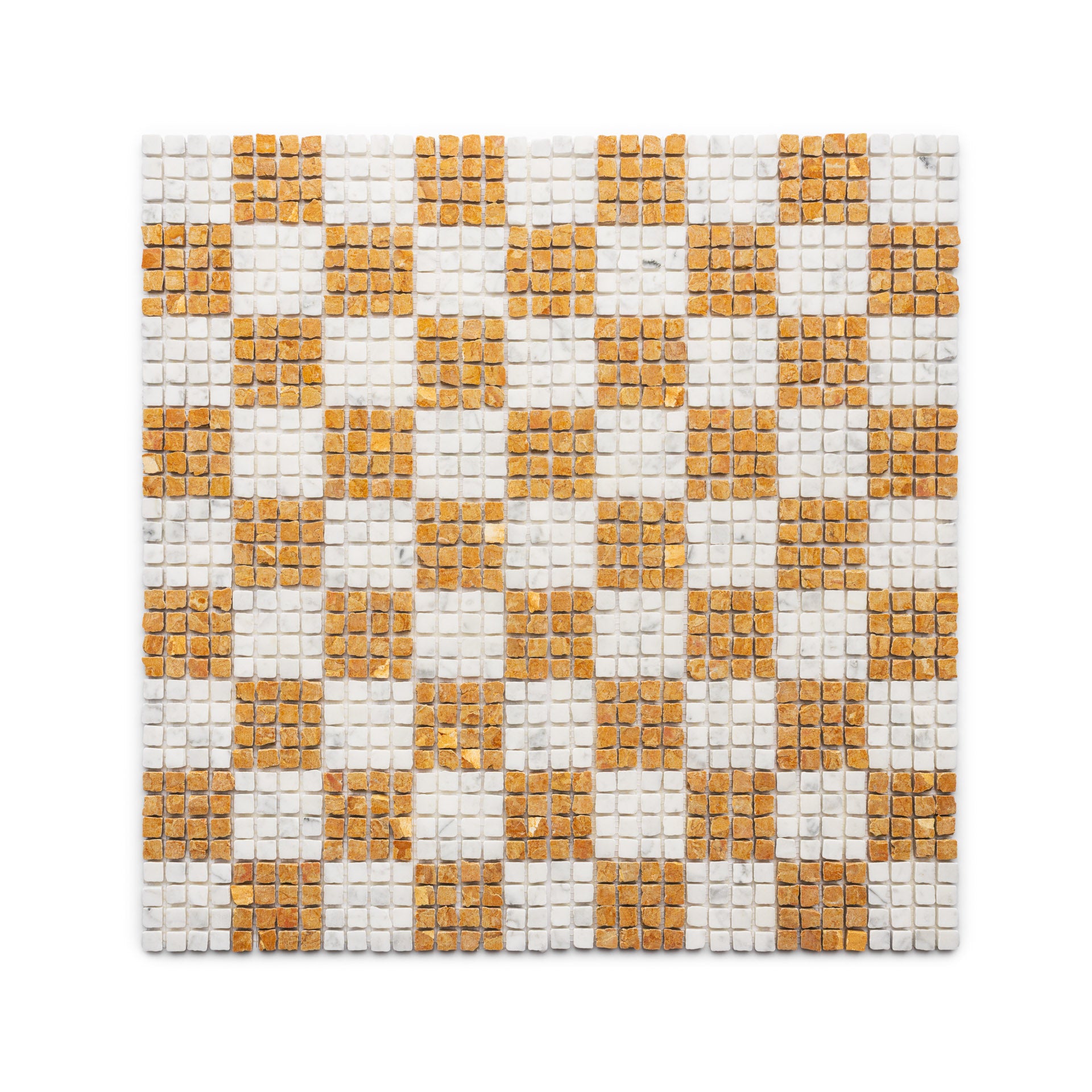 The Check in Carrara + Giallo Reale mosaic by Zia Tile features small square tiles in a checkerboard pattern with alternating white and golden-brown hues on a white background.