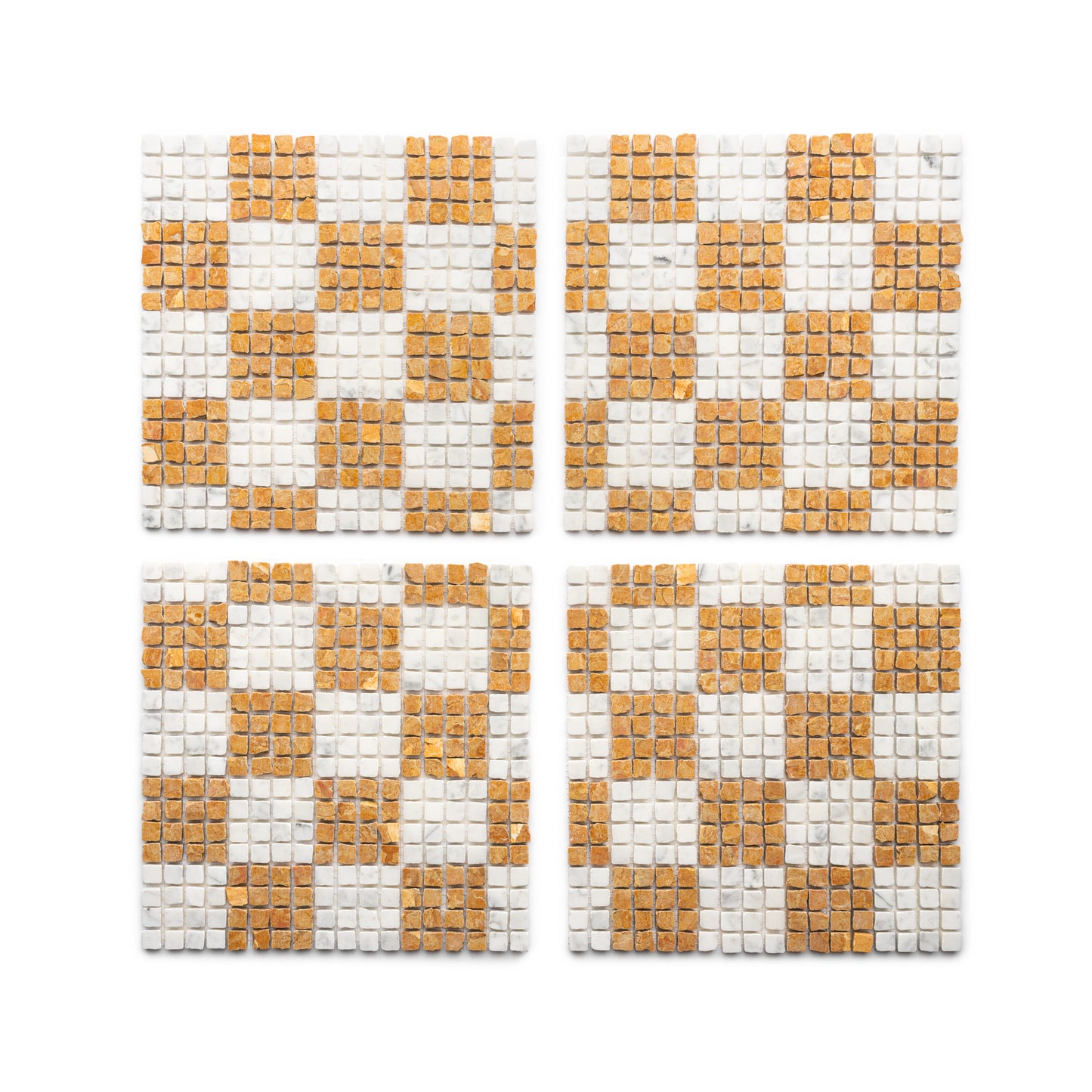 Four square coasters from Zia Tile’s Check in Carrara + Giallo Reale set display a golden brown and white checkered pattern, with the white background highlighting the geometric design.
