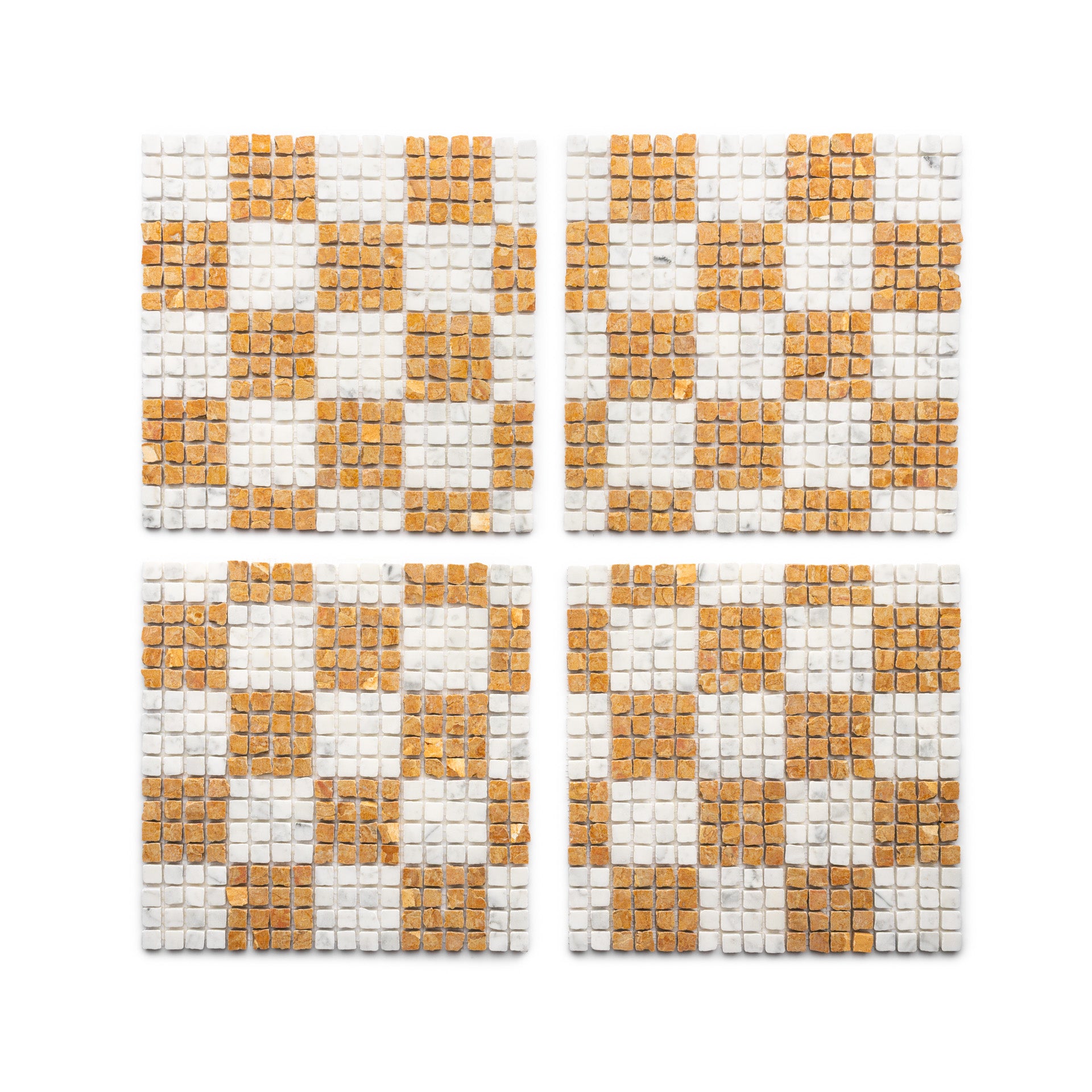 Four square coasters from Zia Tile’s Check in Carrara + Giallo Reale set display a golden brown and white checkered pattern, with the white background highlighting the geometric design.