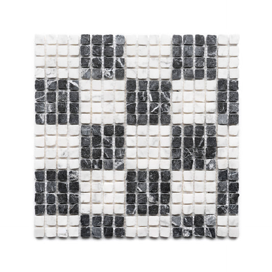 Check in Carrara + Grigio Carnico by Zia Tile is a square mosaic featuring small black, white, and gray stone tiles in a geometric checkered pattern on a white background.