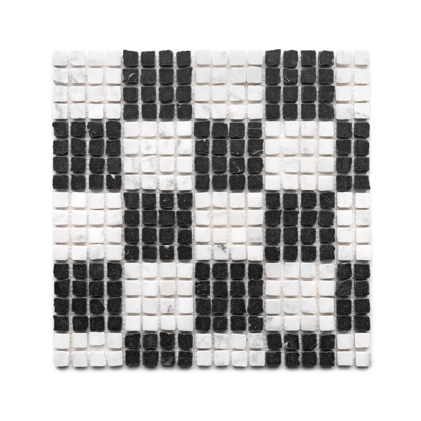 The Check in Carrara + Nero Marquina by Zia Tile is a square mosaic featuring small black and white tiles in a checkered pattern, with the colors creating larger alternating rectangles across the surface.