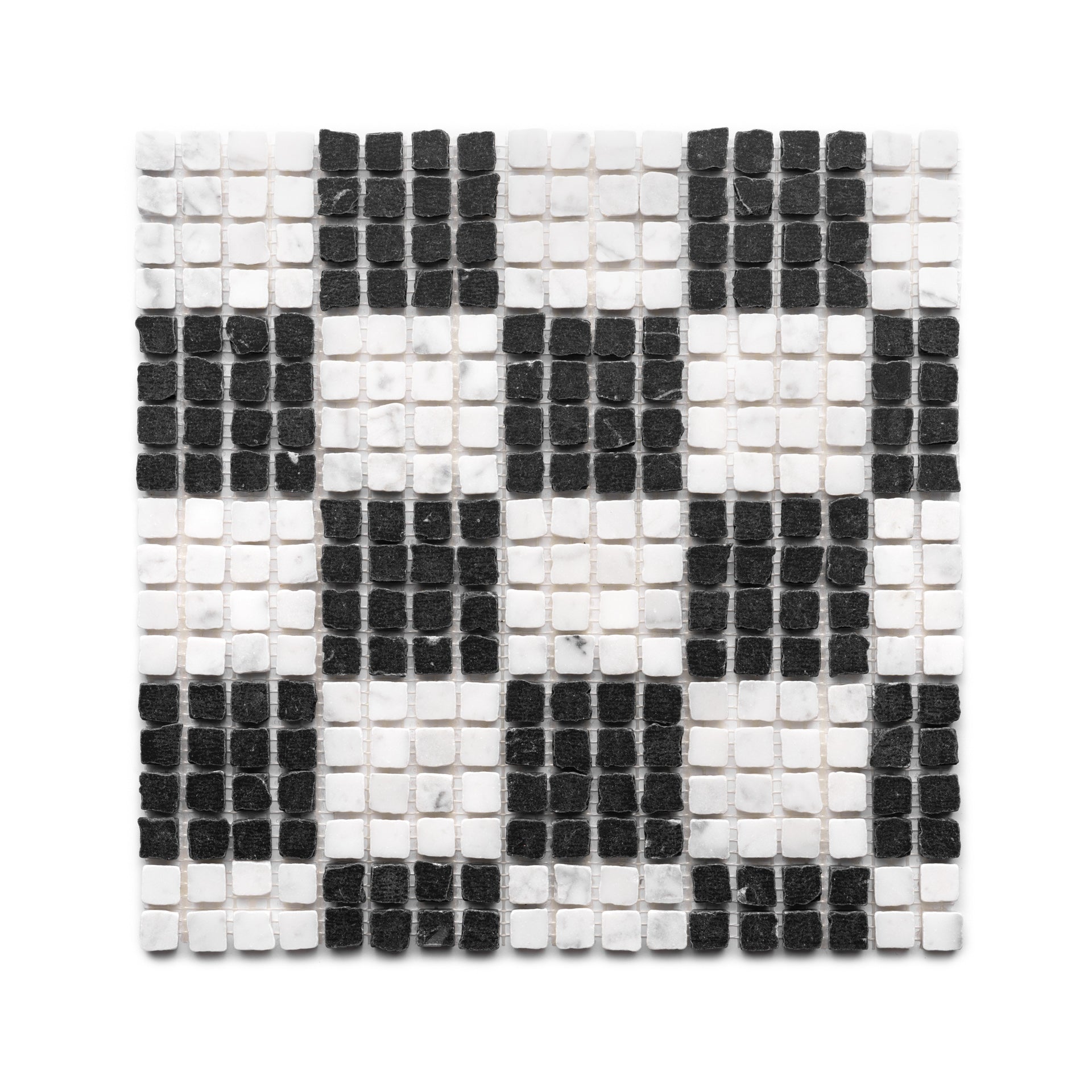 The Check in Carrara + Nero Marquina by Zia Tile is a square mosaic featuring small black and white tiles in a checkered pattern, with the colors creating larger alternating rectangles across the surface.