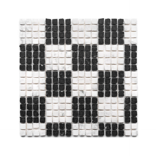 The Check in Carrara + Nero Marquina by Zia Tile is a square mosaic featuring small black and white tiles in a checkered pattern, with the colors creating larger alternating rectangles across the surface.