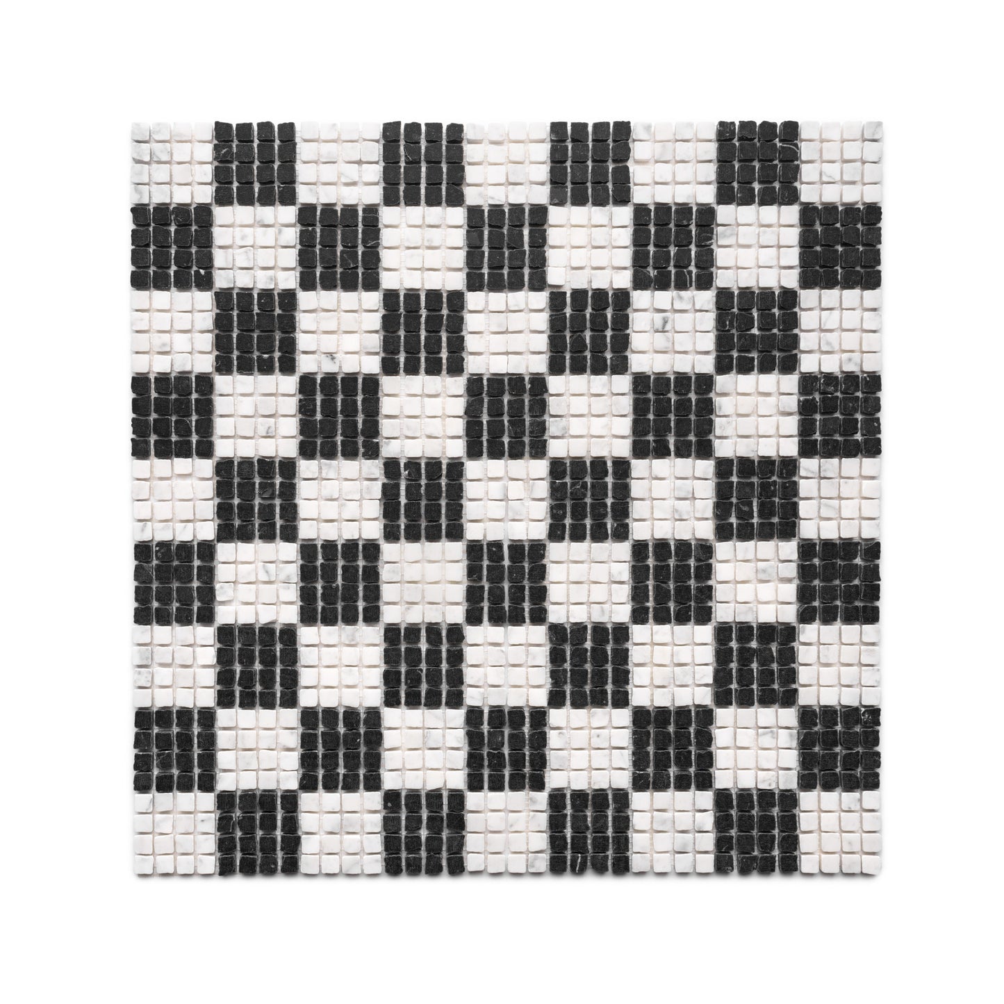 Zia Tile’s Check in Carrara + Nero Marquina mosaic features small square tiles in a black and white checkerboard pattern.