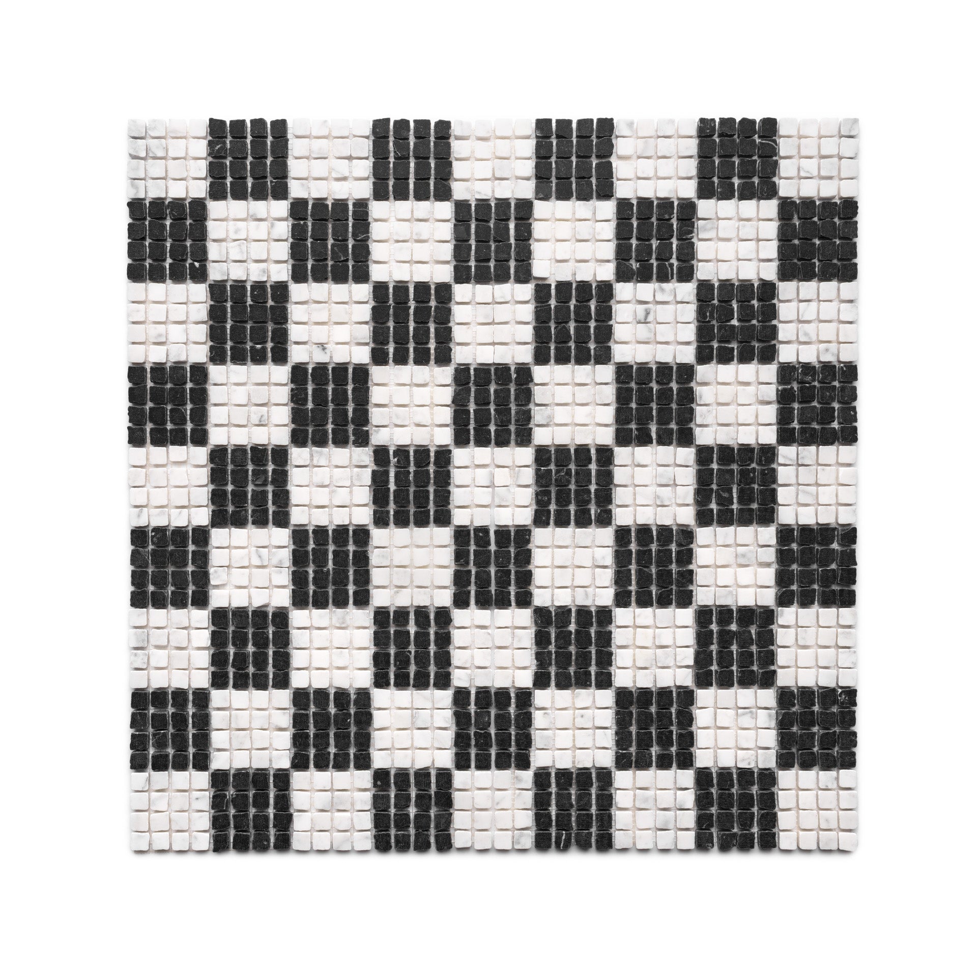 Zia Tile’s Check in Carrara + Nero Marquina mosaic features small square tiles in a black and white checkerboard pattern.