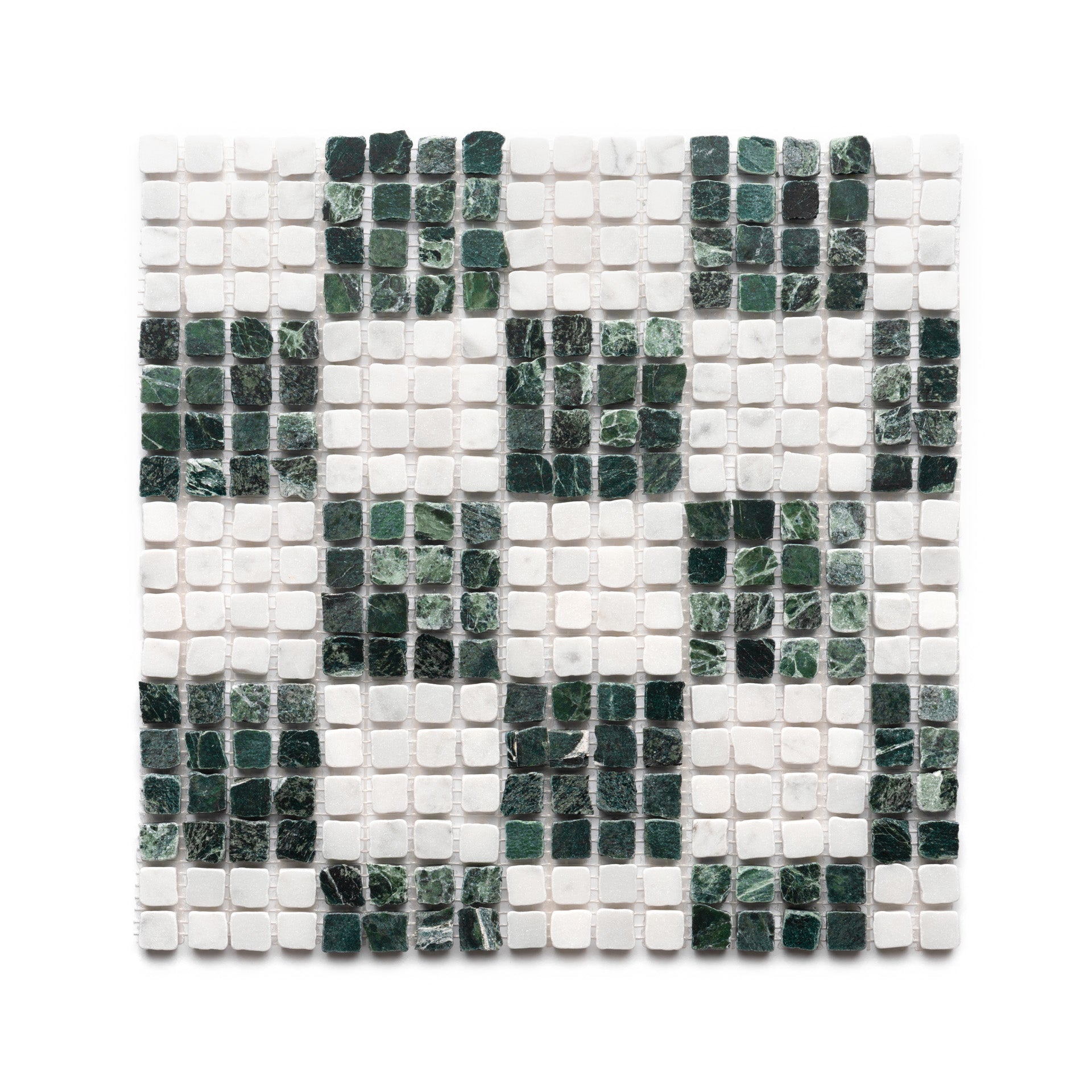 Check in Carrara + Verde Alpi by Zia Tile features a square grid of glossy white and dark green tiles, alternating to create a checkered effect with solid and marbled textures.