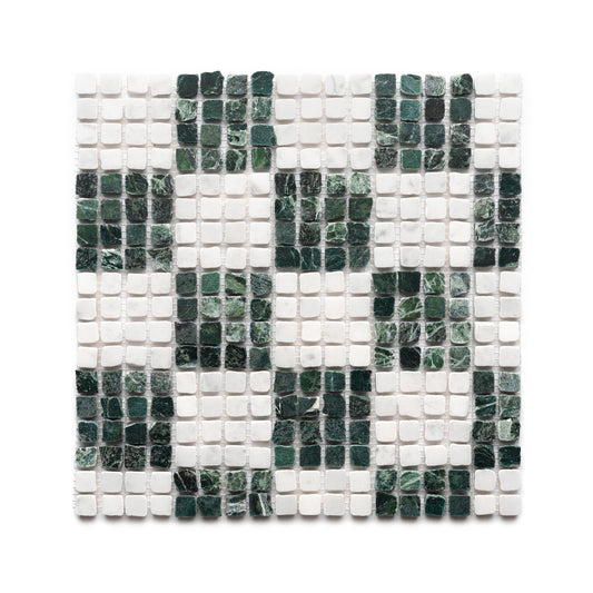 Check in Carrara + Verde Alpi by Zia Tile features a square grid of glossy white and dark green tiles, alternating to create a checkered effect with solid and marbled textures.