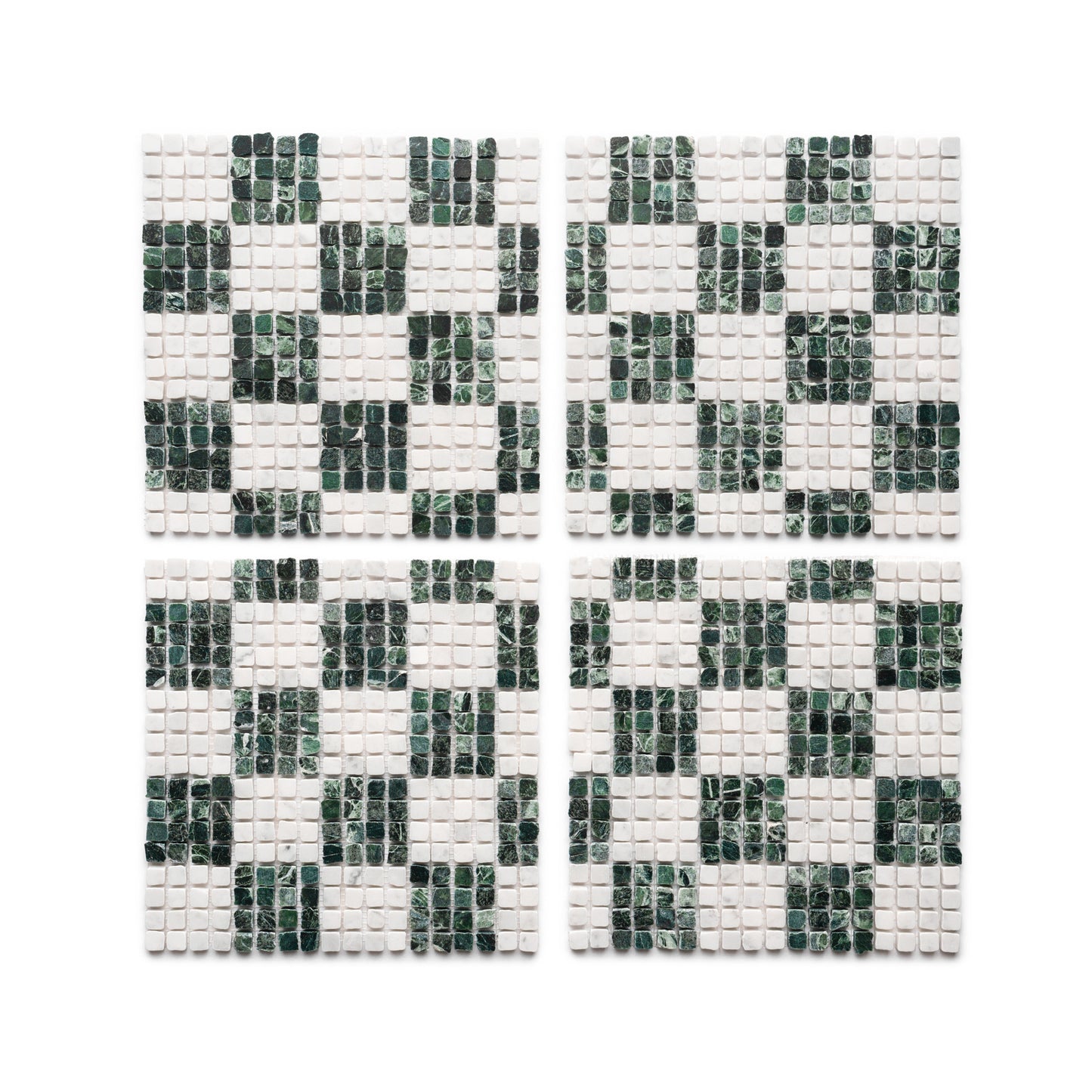 Four "Check in Carrara + Verde Alpi" tile sheets by Zia Tile, featuring a checkered grid of small white and dark green marble tiles, arranged against a white background.