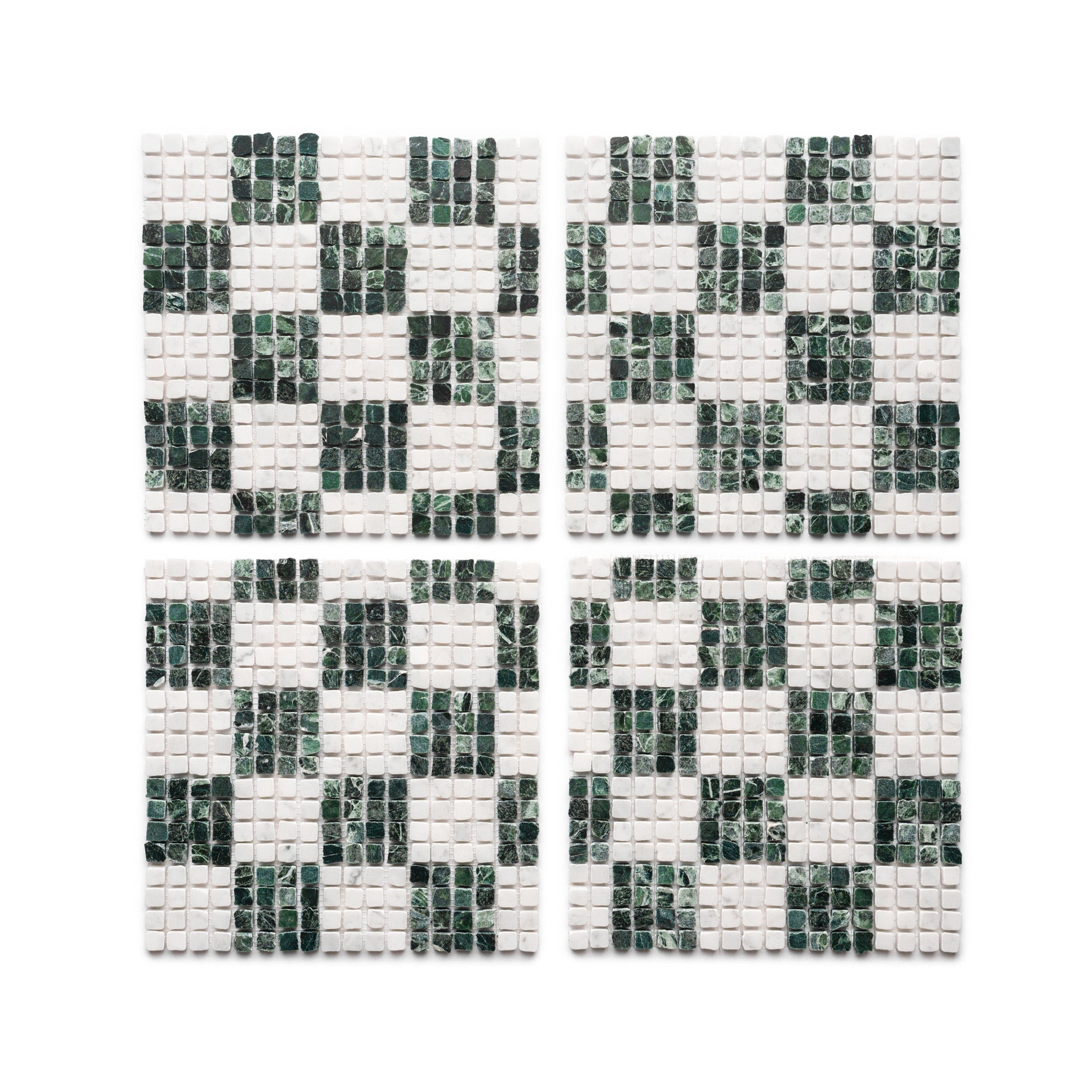 Four "Check in Carrara + Verde Alpi" tile sheets by Zia Tile, featuring a checkered grid of small white and dark green marble tiles, arranged against a white background.