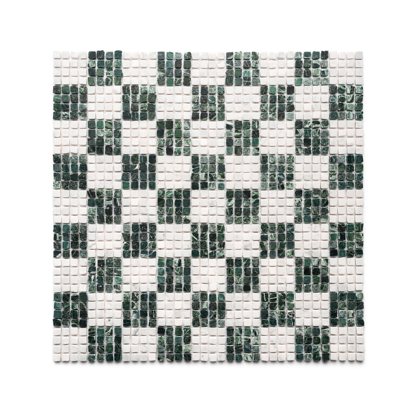 The Check in Carrara + Verde Alpi by Zia Tile is a square tile sheet featuring a checkerboard pattern of small, alternating white and dark green marble tiles on a white background.