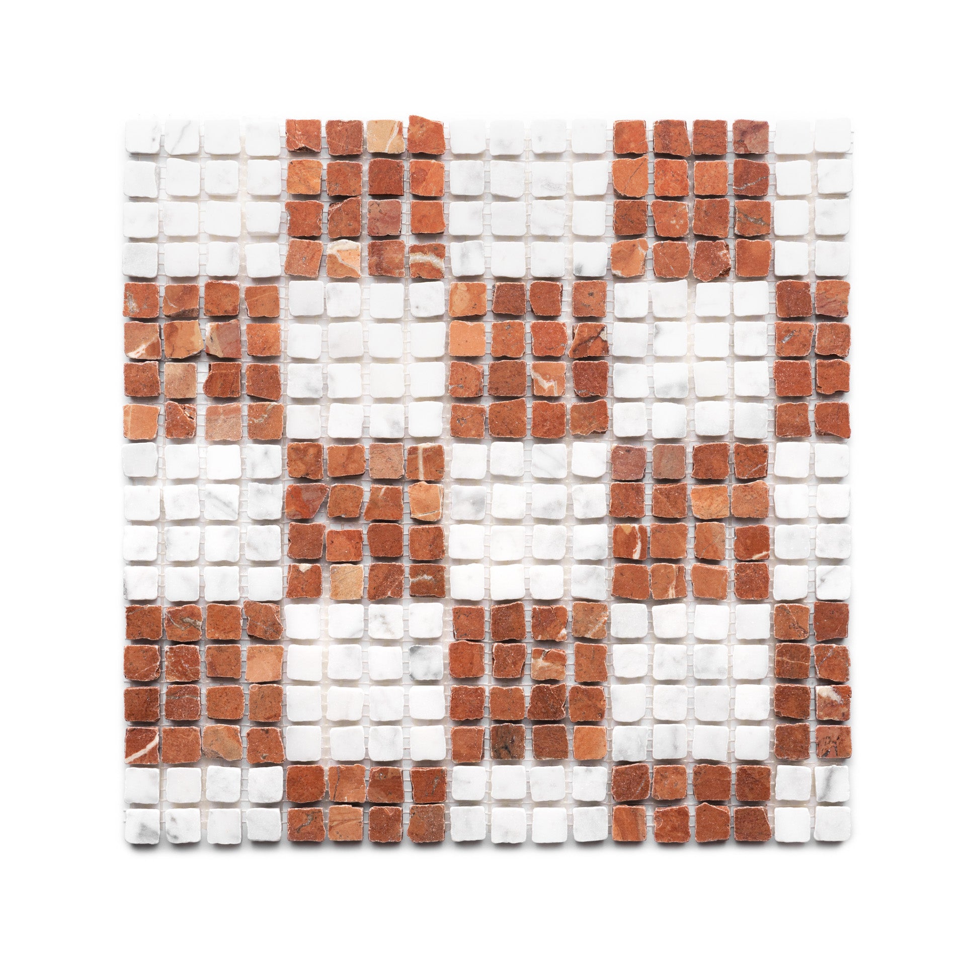 The Check in Carrara + Rosso Alicante by Zia Tile is a square mosaic tile sheet featuring a checkerboard grid of small, textured tiles in white and reddish-brown.