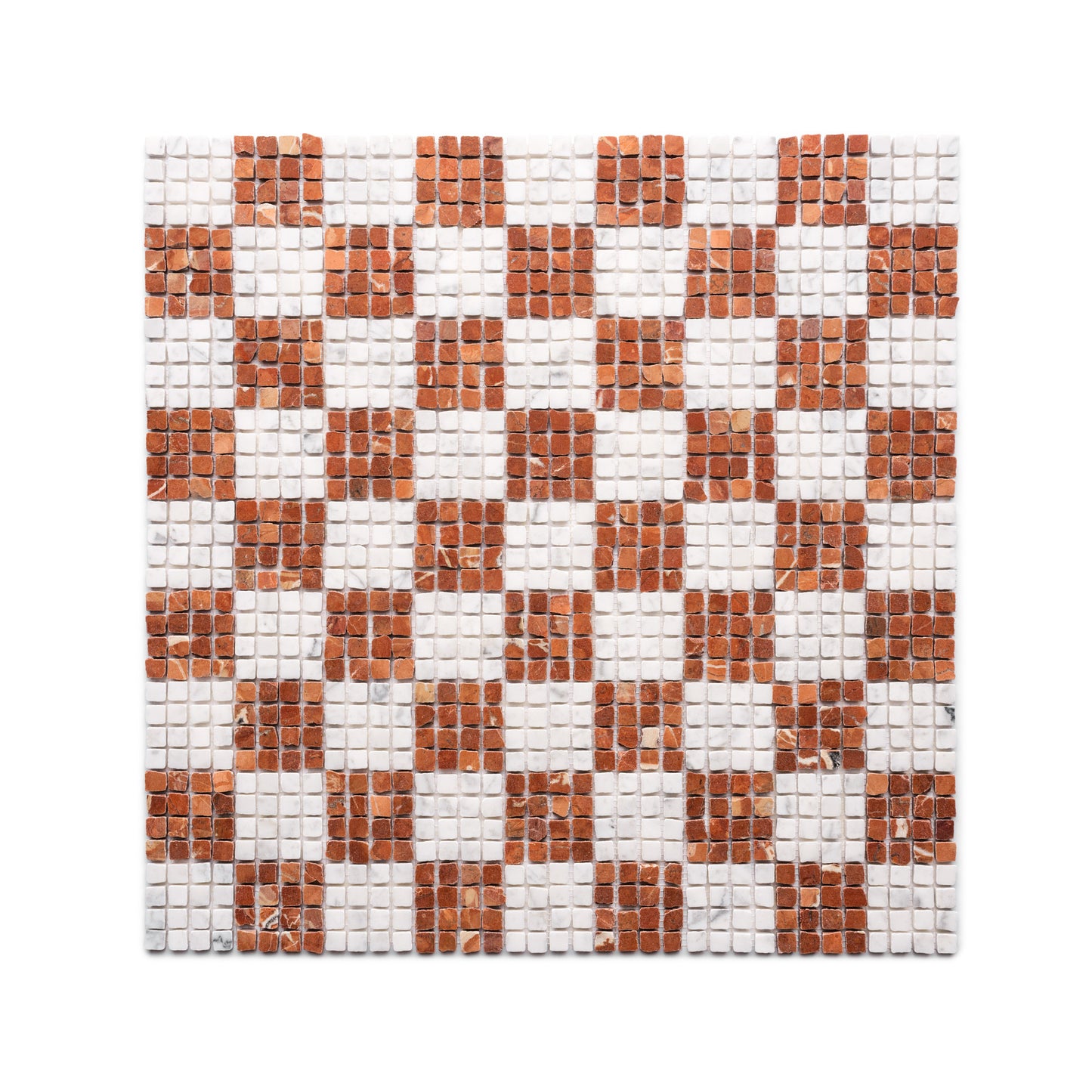 The Check in Carrara + Rosso Alicante by Zia Tile features a square mosaic with alternating white and reddish-brown tiles in a checkered pattern on a white background.