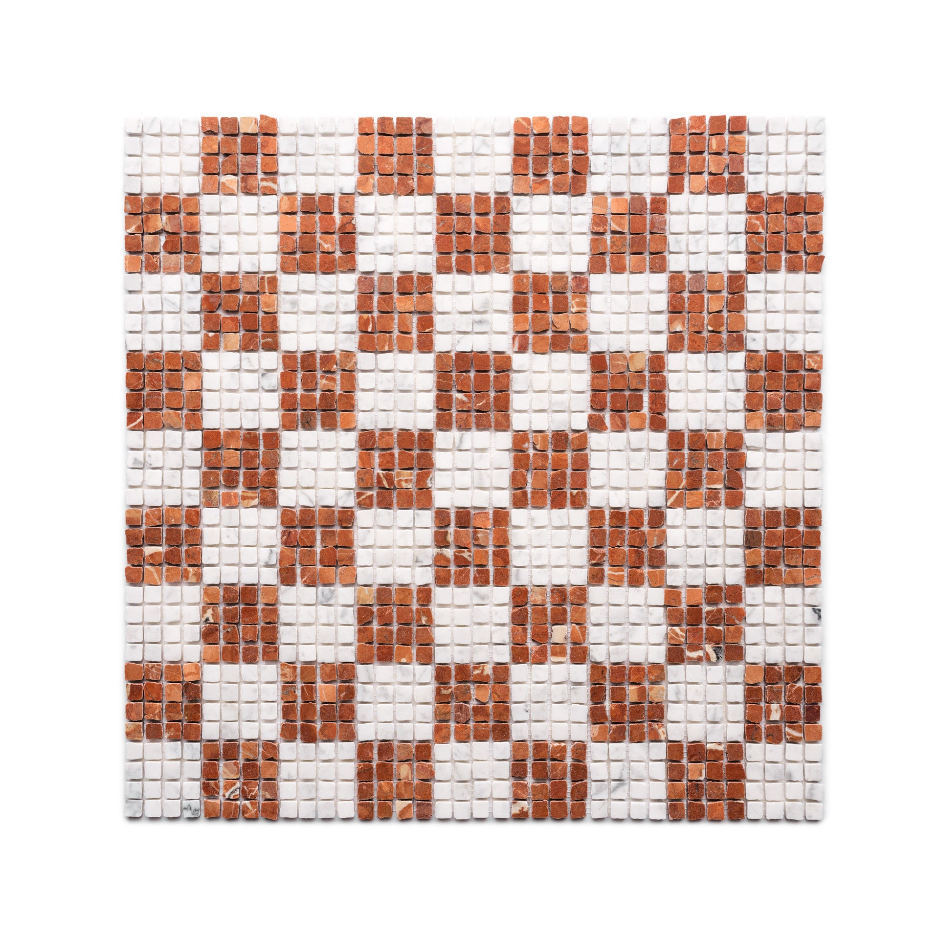 The Check in Carrara + Rosso Alicante by Zia Tile features a square mosaic with alternating white and reddish-brown tiles in a checkered pattern on a white background.