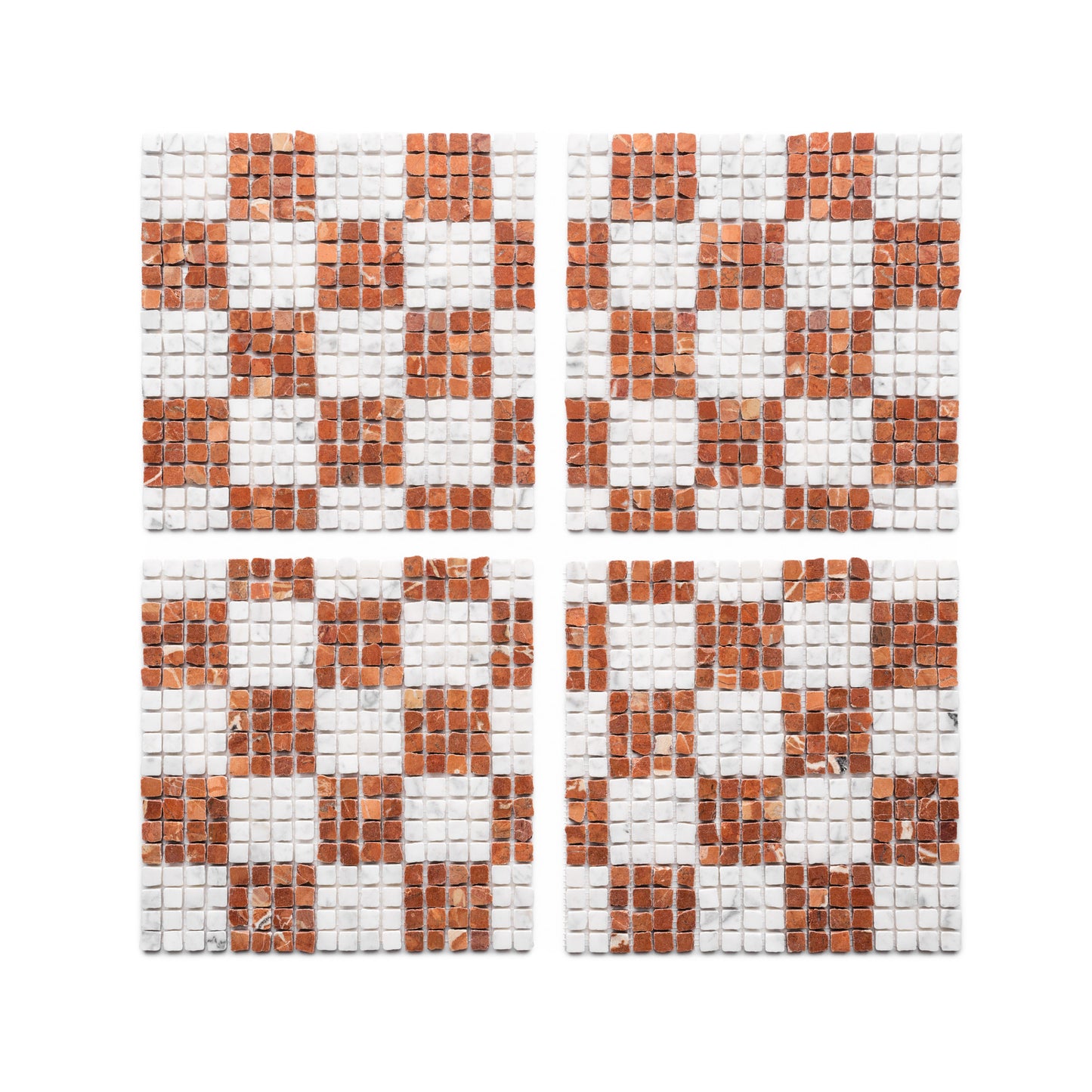 Set of four Zia Tile "Check in Carrara + Rosso Alicante" coasters, each with a checkerboard pattern of alternating small white and reddish-brown tiles, arranged in a 2x2 grid on a white background.