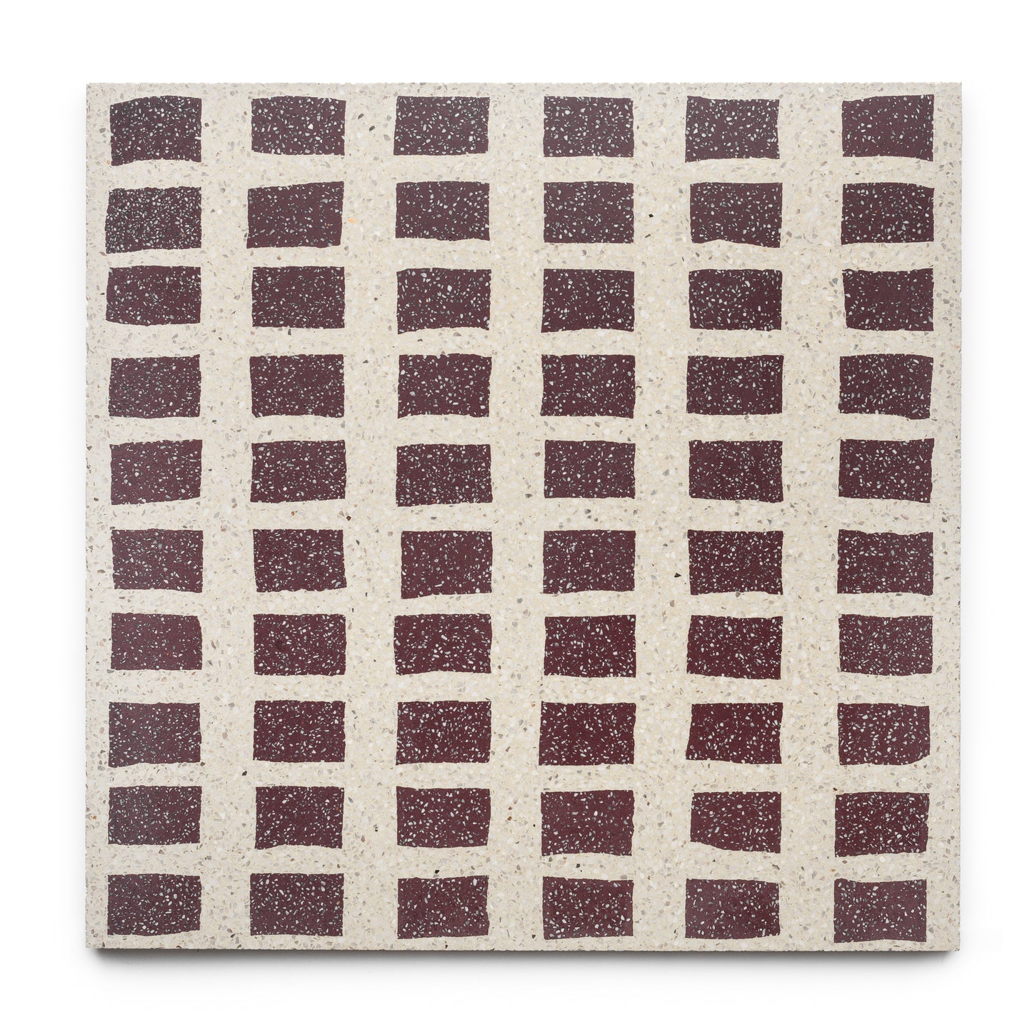 Constellation Bone + Aubergine 24x24 by Zia Tile features a grid of maroon rectangular shapes on a beige, speckled background, arranged in rows and columns for a repetitive geometric pattern.