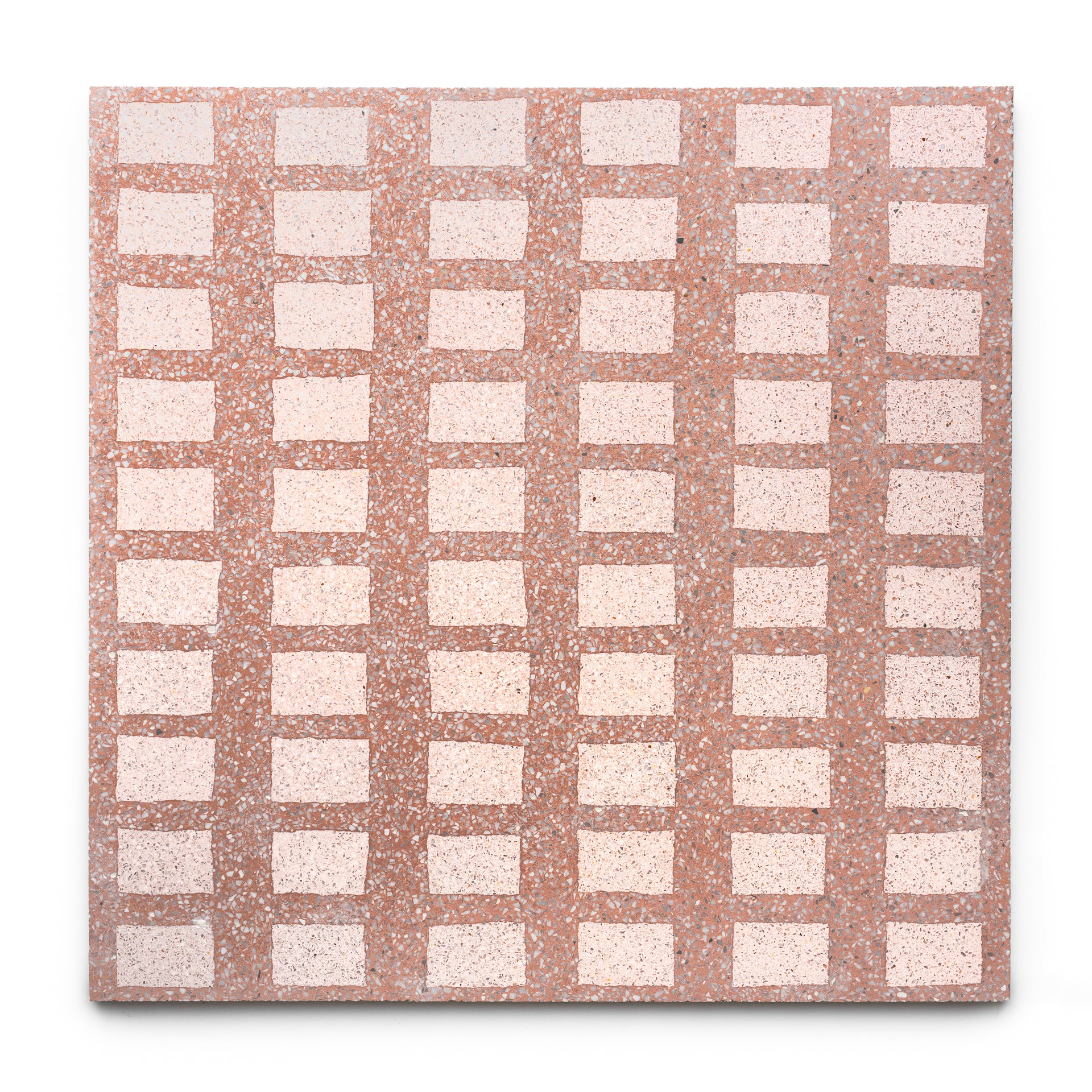 The Zia Tile Constellation Terra Cotta + Ballet Slipper 24x24 features a square grid of light pink rectangles on a speckled reddish-brown background, creating a repetitive geometric pattern.
